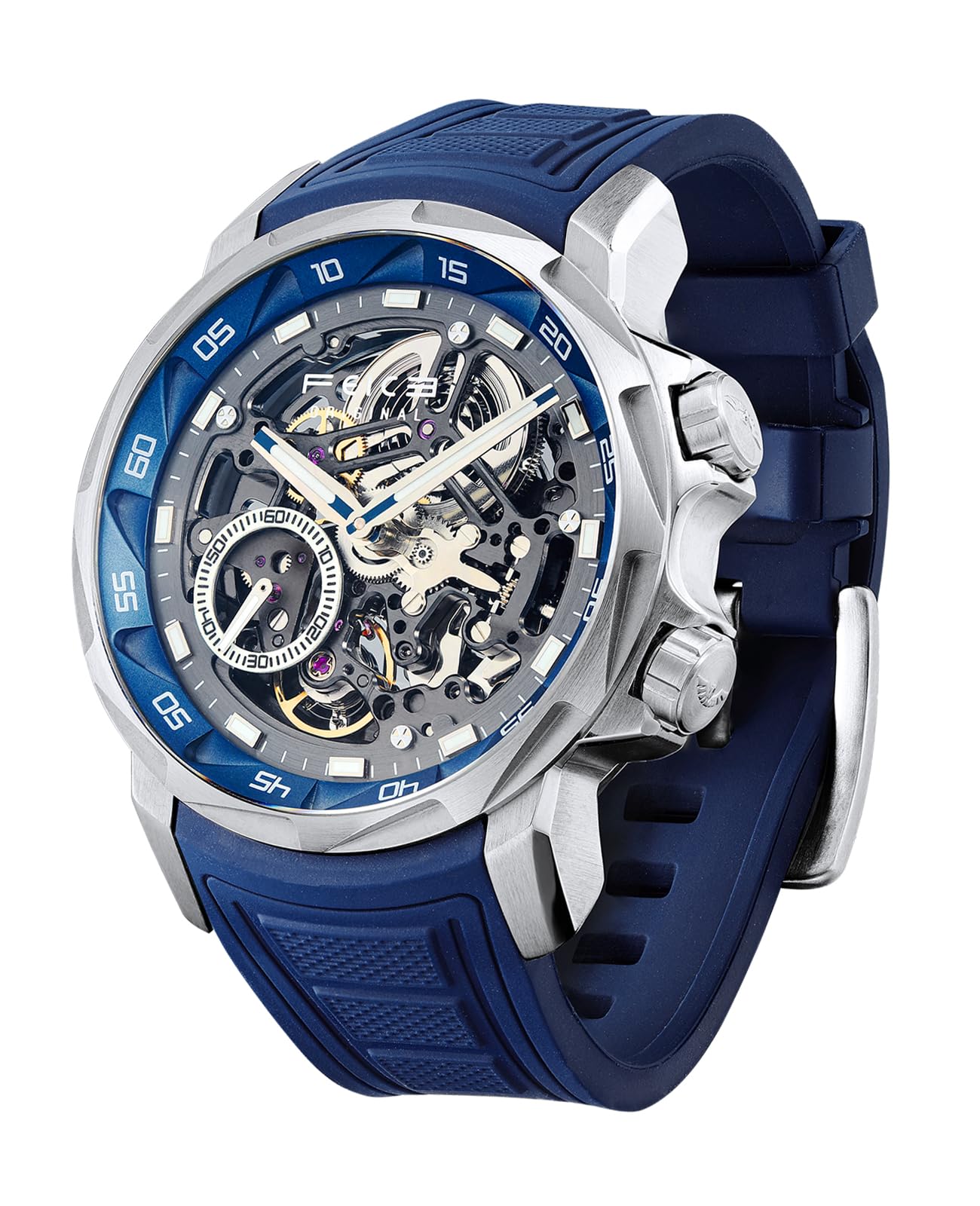 FEICE Herren Automatikuhr Skelett Saphirglas mit Blauem Gummiarmband Edelstahlgehäuse 46 mm FM511