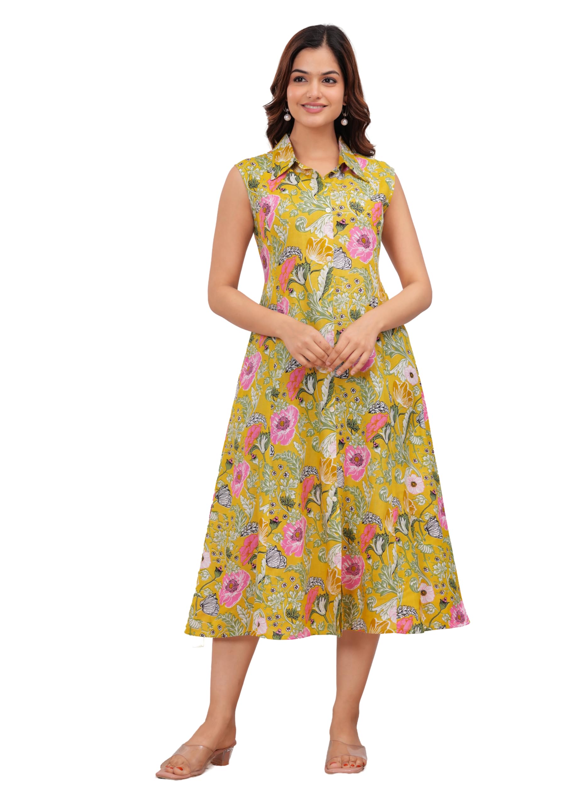 rd fab Woman Flower Print A-Line Cotton Blend Collar Shirt Nack Sleeveless Causal One Pics Maxi Gown Dress.-picture-12