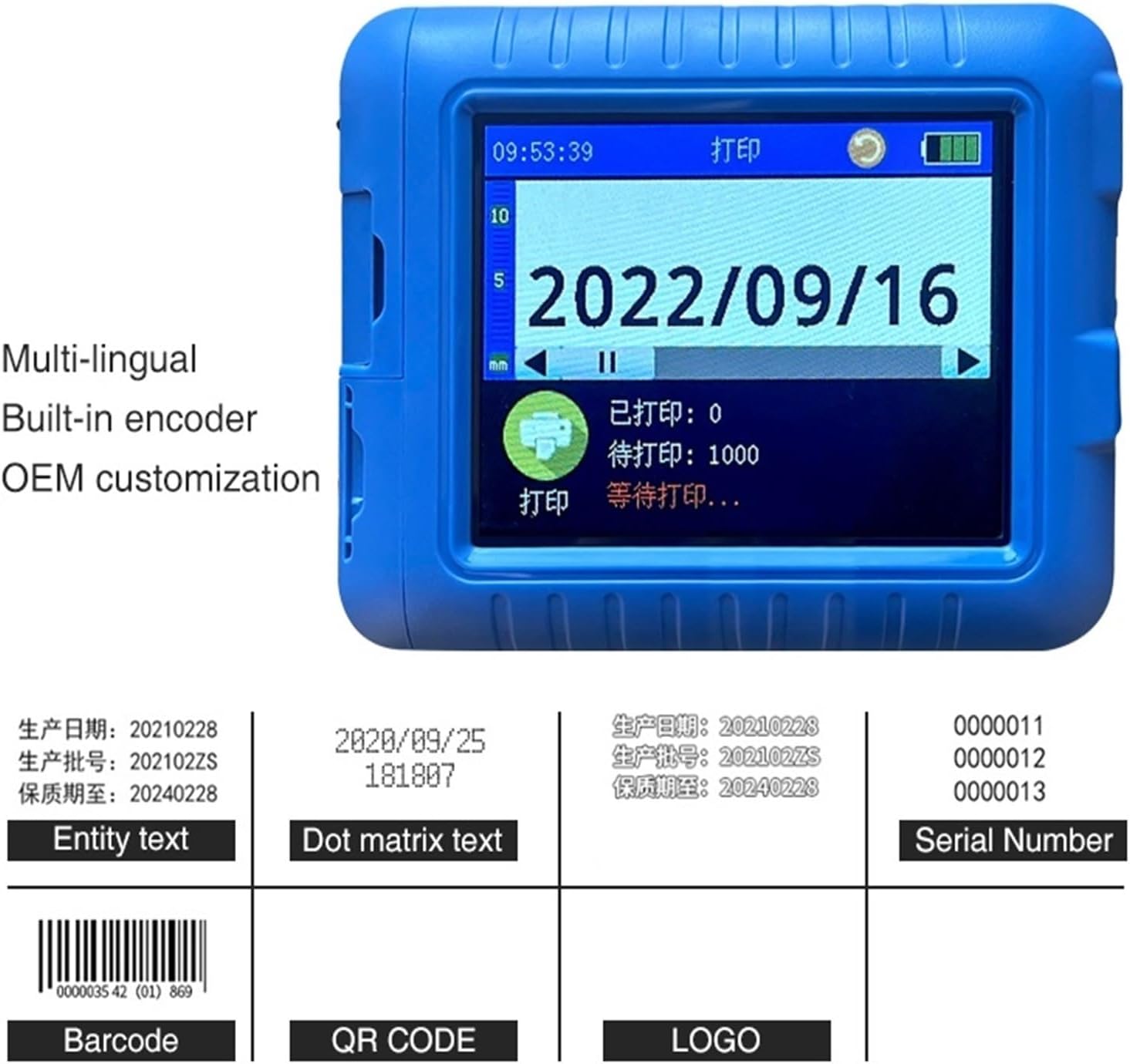 12.7Mm Mini Portable Inkjet Printer Batch Code Number Sticker Printer Multi-Language Character Date Qr Code for Packaging Multi-Format Printing,