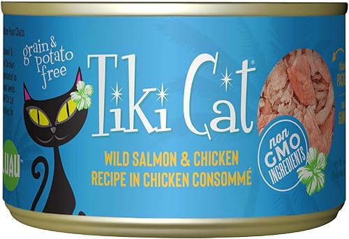 Tiki Cat Luau - Comida húmeda sin granos, baja en carbohidratos, con aves de corral o peces en consomé para gatos adultos y gatitos.