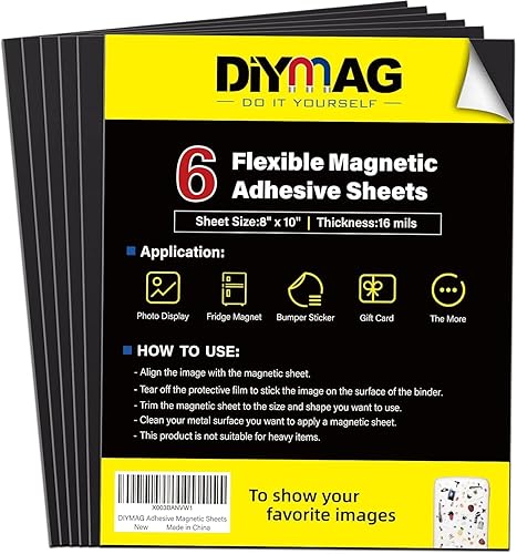 DIYMAG Hojas adhesivas magnéticas, 8 x 10 pulgadas, paquete de 6 hojas magnéticas flexibles con respaldo adhesivo para manualidades, fotos y