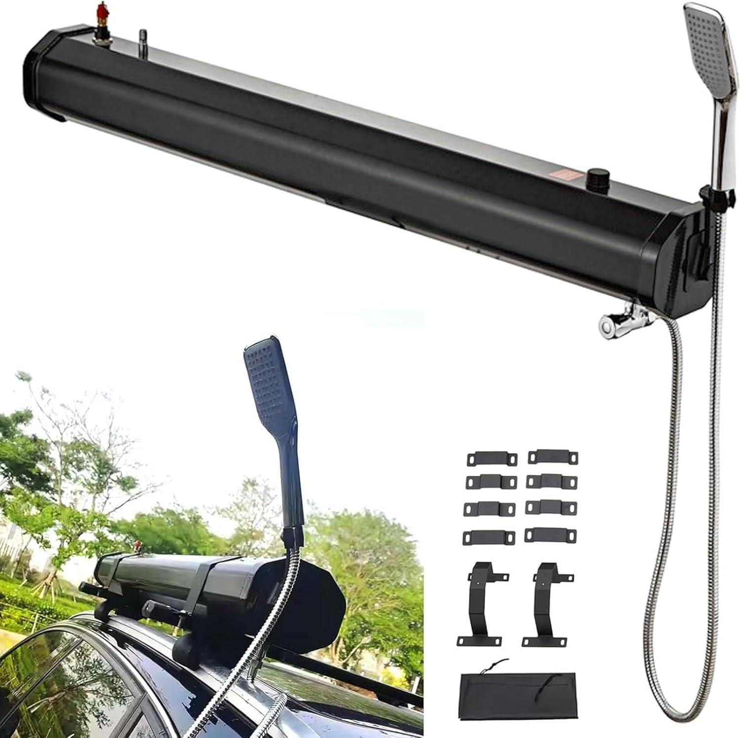 Kit doccia portatile da campeggio con riscaldamento solare, soffione portatile e supporto per portapacchi per attività all'aperto