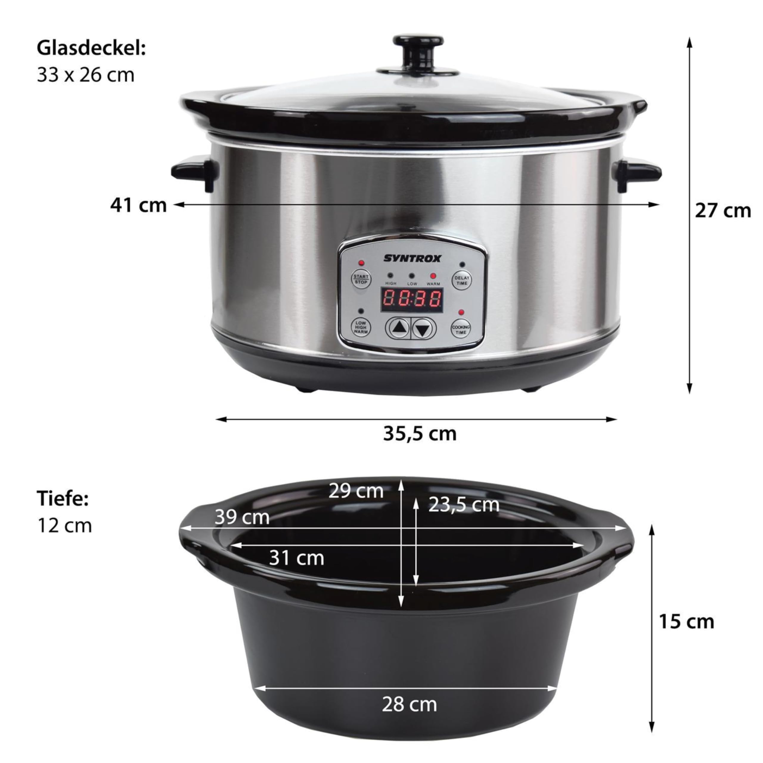 Syntrox Germany 6,5 l Slow Cooker | Schmortopf | Schongarer | Multikocher Solier, Spülmaschinengeeignet, mit Glasdeckel, Küchengerät, 320 Watt, Gesunde Küche