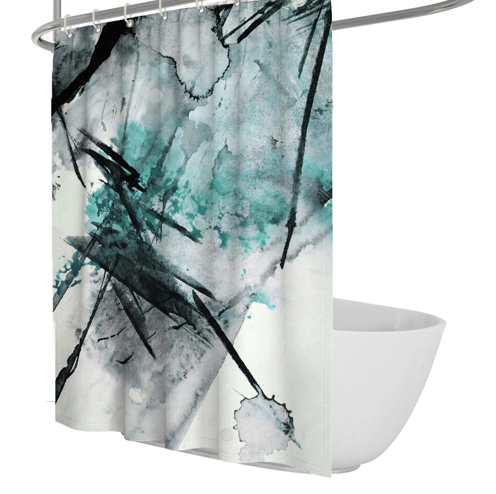 Cortina de Ducha para baño Abstracto Azul y Negro Pintura de Acuarela Juego de Cortinas de Ducha con Ganchos Impermeables Fácil de Instalar W160xL200cm