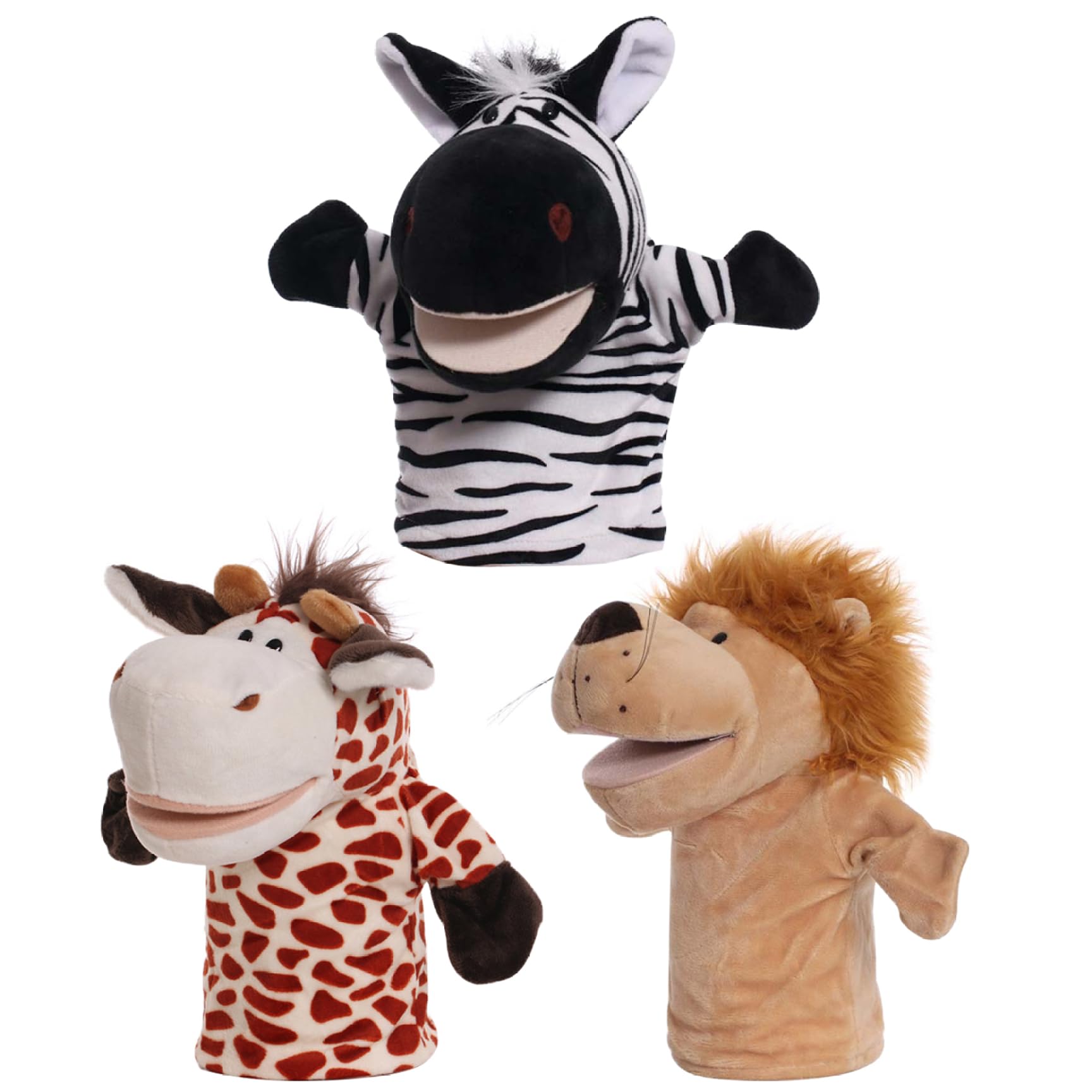 Ameble Animal Hand Puppets 3PCS 9.84 inch Soft Plush Puppets for Children, Moving Open Mouth Puppet Theatre for Storytelling, Teaching, Preschool, Role-Play.