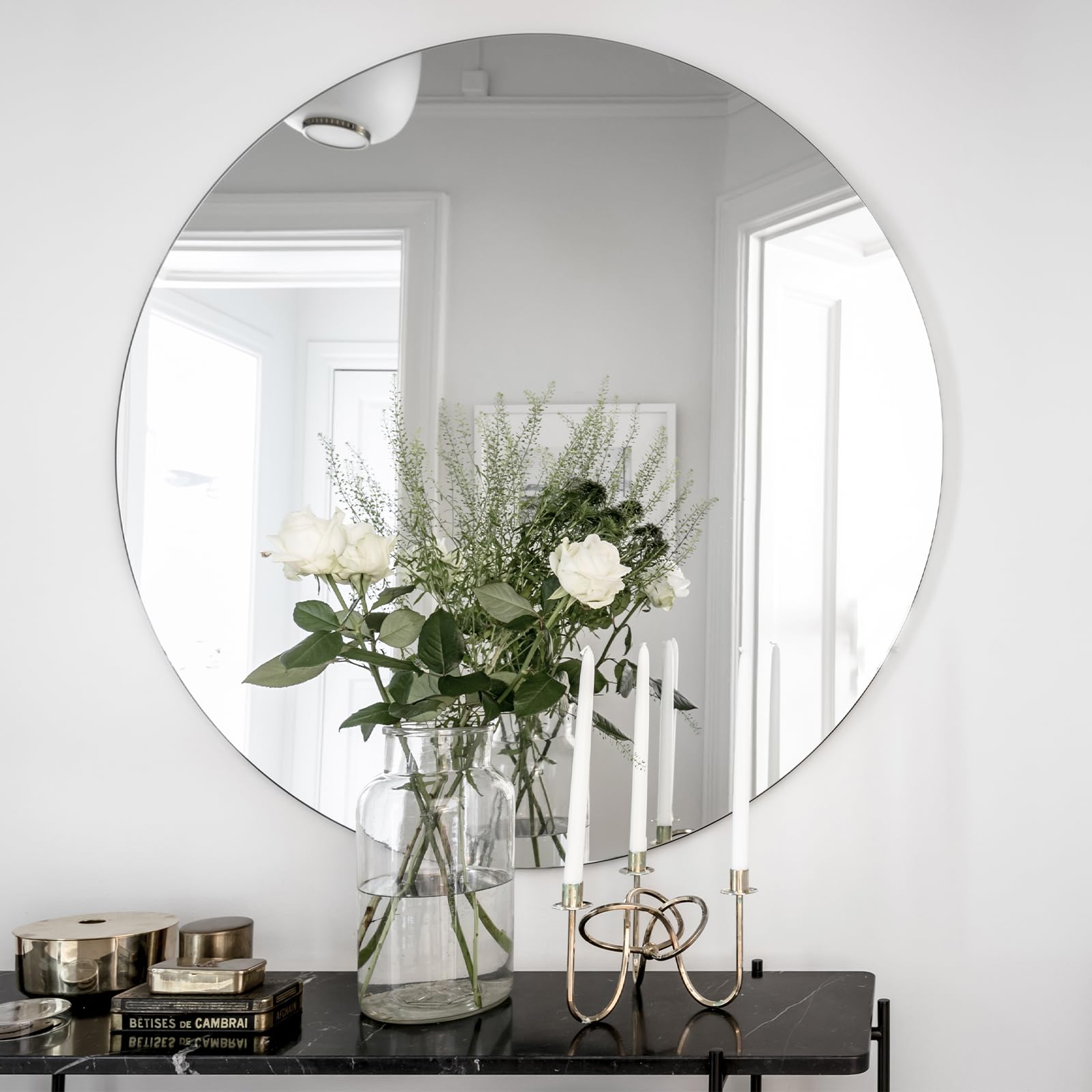Miroir Verre 50 cm - Miroir Rond a Coller Rond 50cm - Adhesif Mural, Grand Mural - Autocollant sans Cadre pour Décoratif Toilettes Chambre, Entrée, Couloir