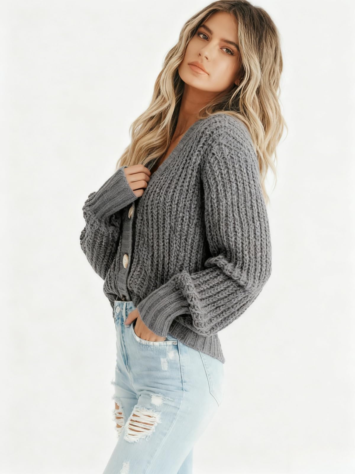 Knit Button Cardigan Womens Loose Short Length Chunky Cozy Layer for Autumn and Winter Office and Casual Looks — view 4