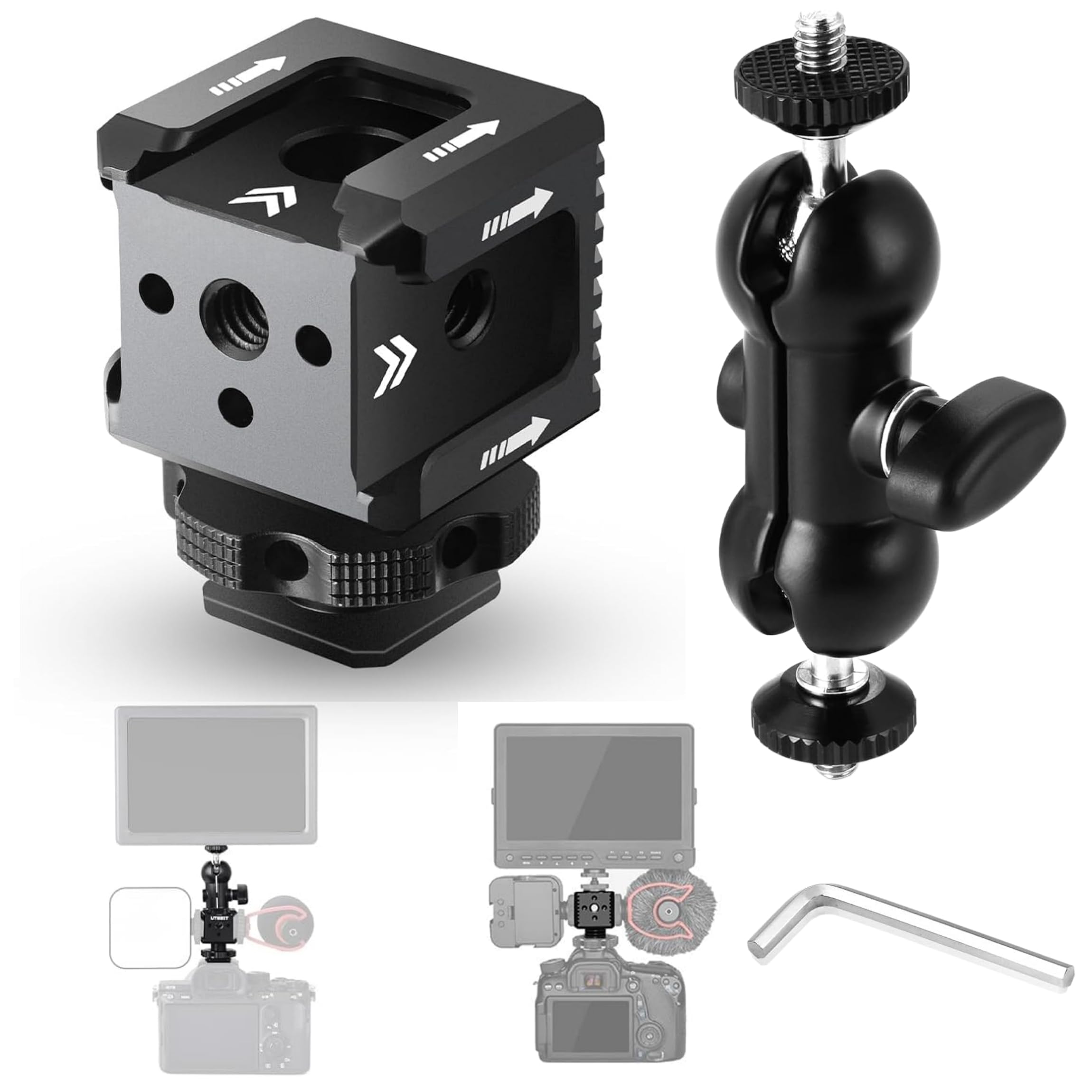 Triple Cold Shoe Mount Bracket with 3.8" Magic Arm Dual Ball Head 360° Rotatable, Aluminium Hot Shoe Adapter with 1/4" Thread for DSLR Camera Vlogging YouTube LED Monitor Microphone-image-24