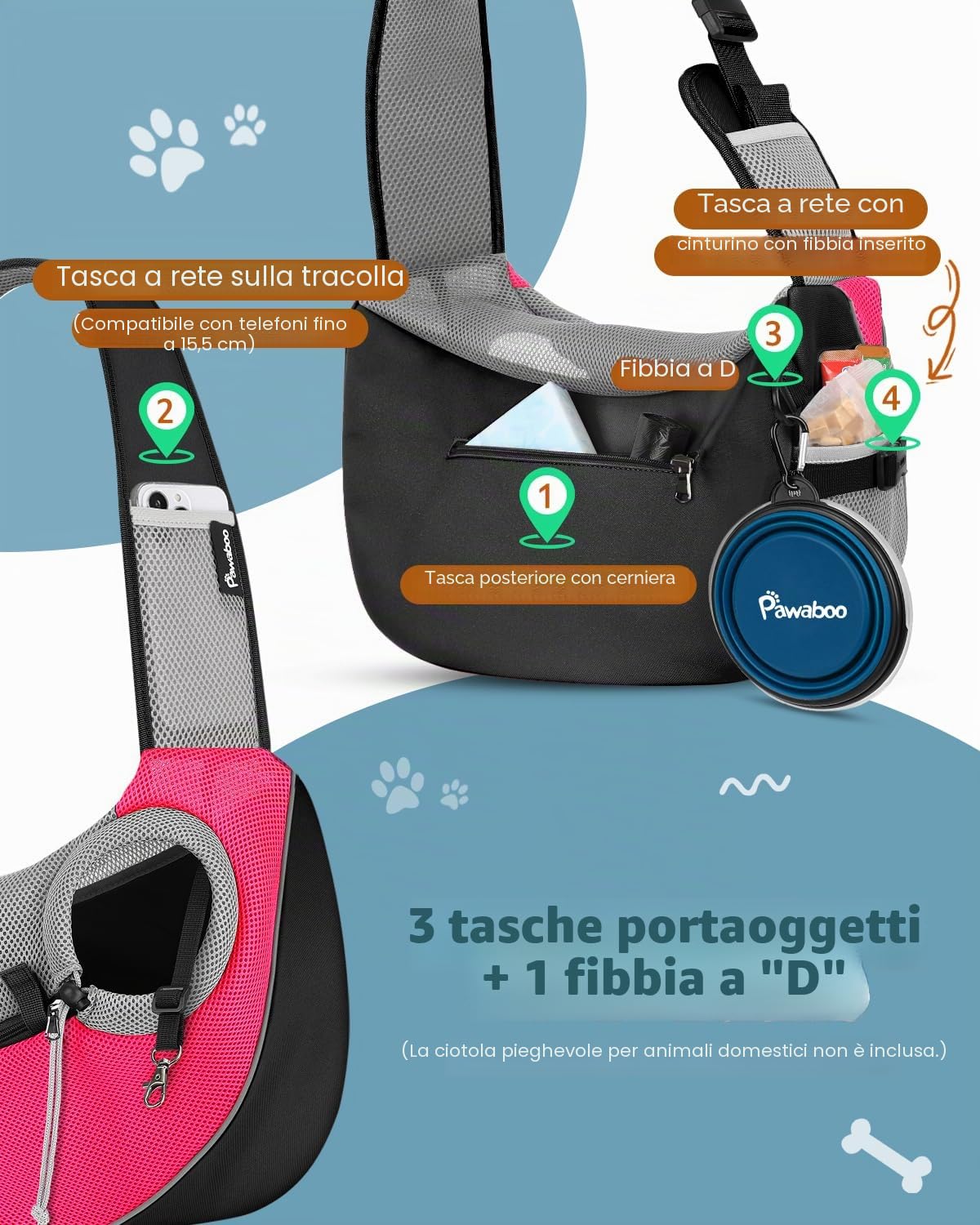Pawaboo Trasportino per cani, Borsa Crossbody per Cani con Tasca Tattile Regolabile e Cerniera, Zaino a Rete Traspirante a Mani Libere per Cuccioli per Viaggi, Rosa, Grande