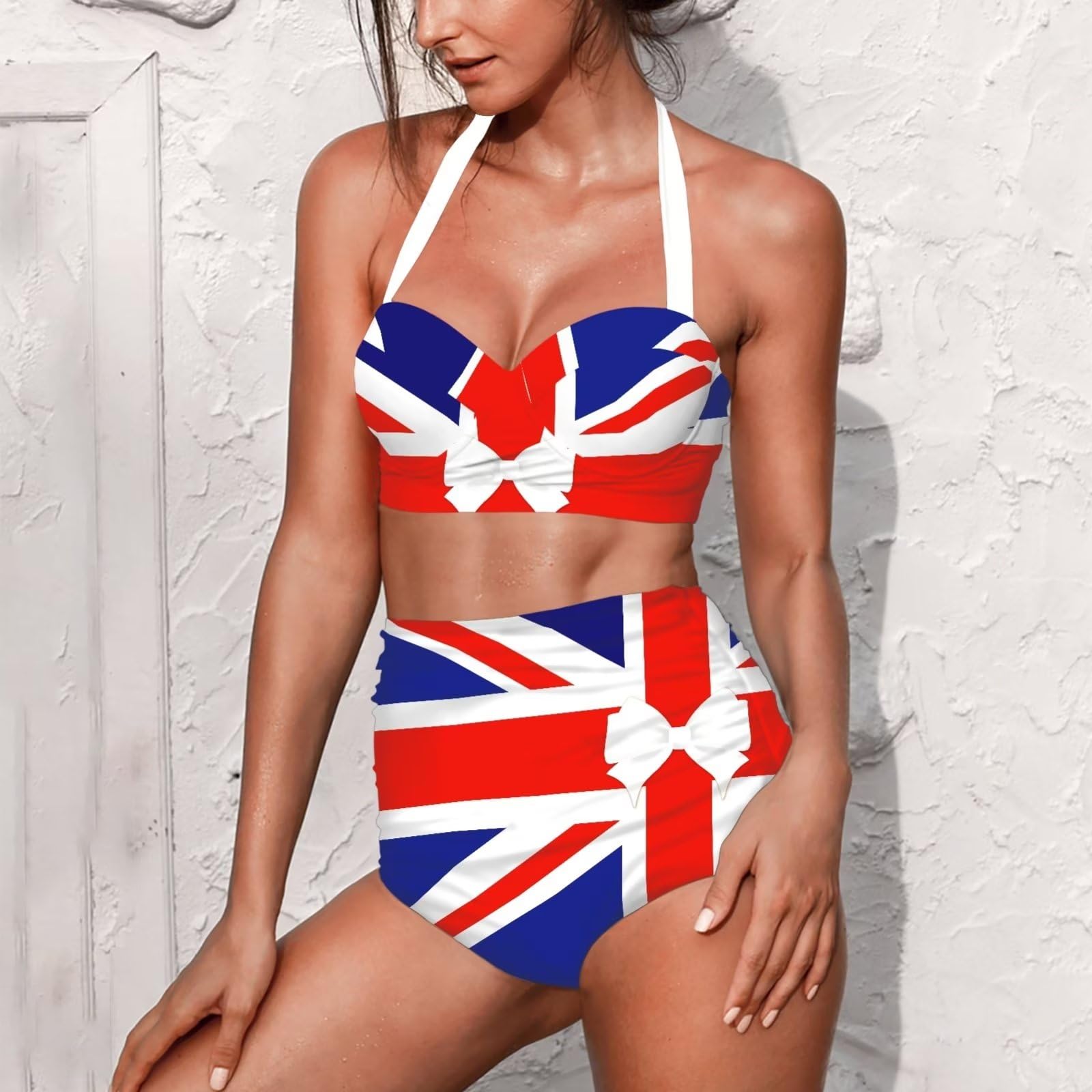Suhoaziia Women's Bikini Sets Tummy Control High Waist Bathing Suits Girls' Athletic Two-Piece Swimsuits Push Up Tie Side Swimwear, Union Jack Bow Tie