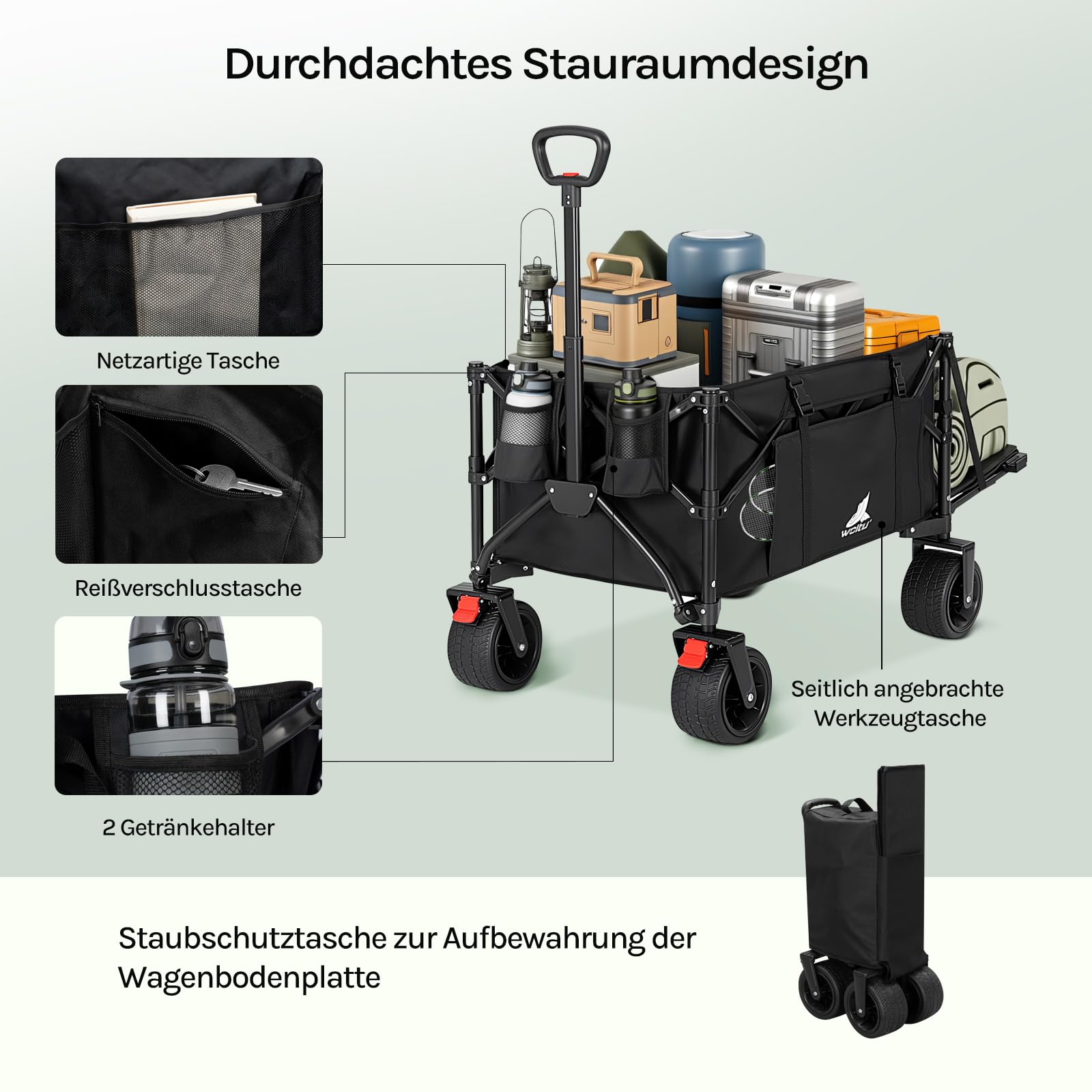 WOLTU Bollerwagen faltbar, Campingwagen 205 L, Tragkraft 180 kg, mit 4 großen Rädern & Seitentasche & 2 Innentaschen & 2 Getränkehaltern, für Camping Strand Garten, Schwarz