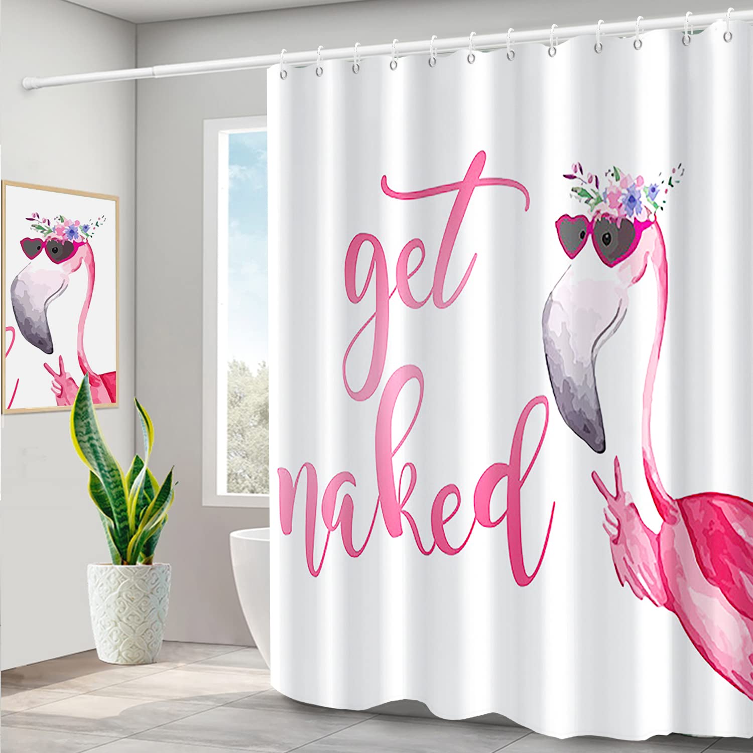 Get Naked Shower Curtain for Bathroom Funny Flamingo Pink Tropical Animals Shower Curtain Waterproof Polyester Fabric Modern Home Decor Bath Curtain with Hooks, 72x96 Inch