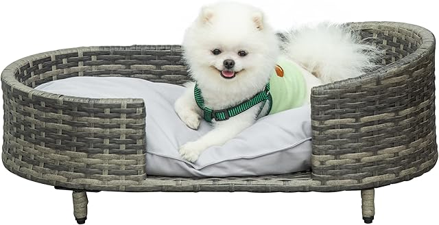 PawHut Wicker Dog Sofa with Soft Water-resistant Cushion, Rattan Cat Bed Raised Pet Bed Hand Woven with Washable Cover Indoor Outdoor Use, for Medium and Small Sized Dogs
