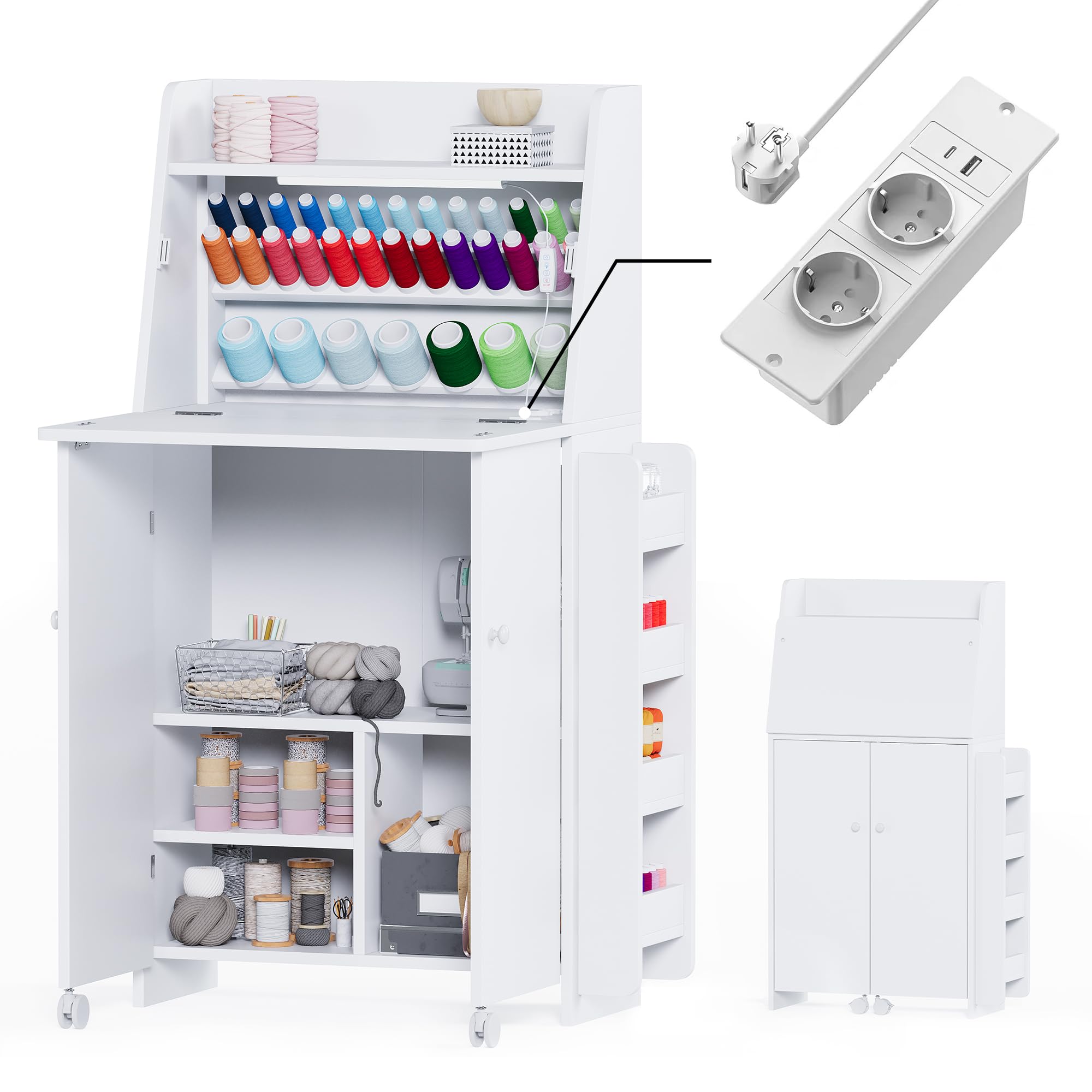 LED Nähtisch klappbar mit 33 Garnhalter & 2 Steckdosen, USB+Typ-C Nähmaschinenschrank mit viel Stauraum, Mobiler Nähmaschinentisch auf Rollen, Platzsparender Basteltisch für Wohnzimmer Schlafzimmer