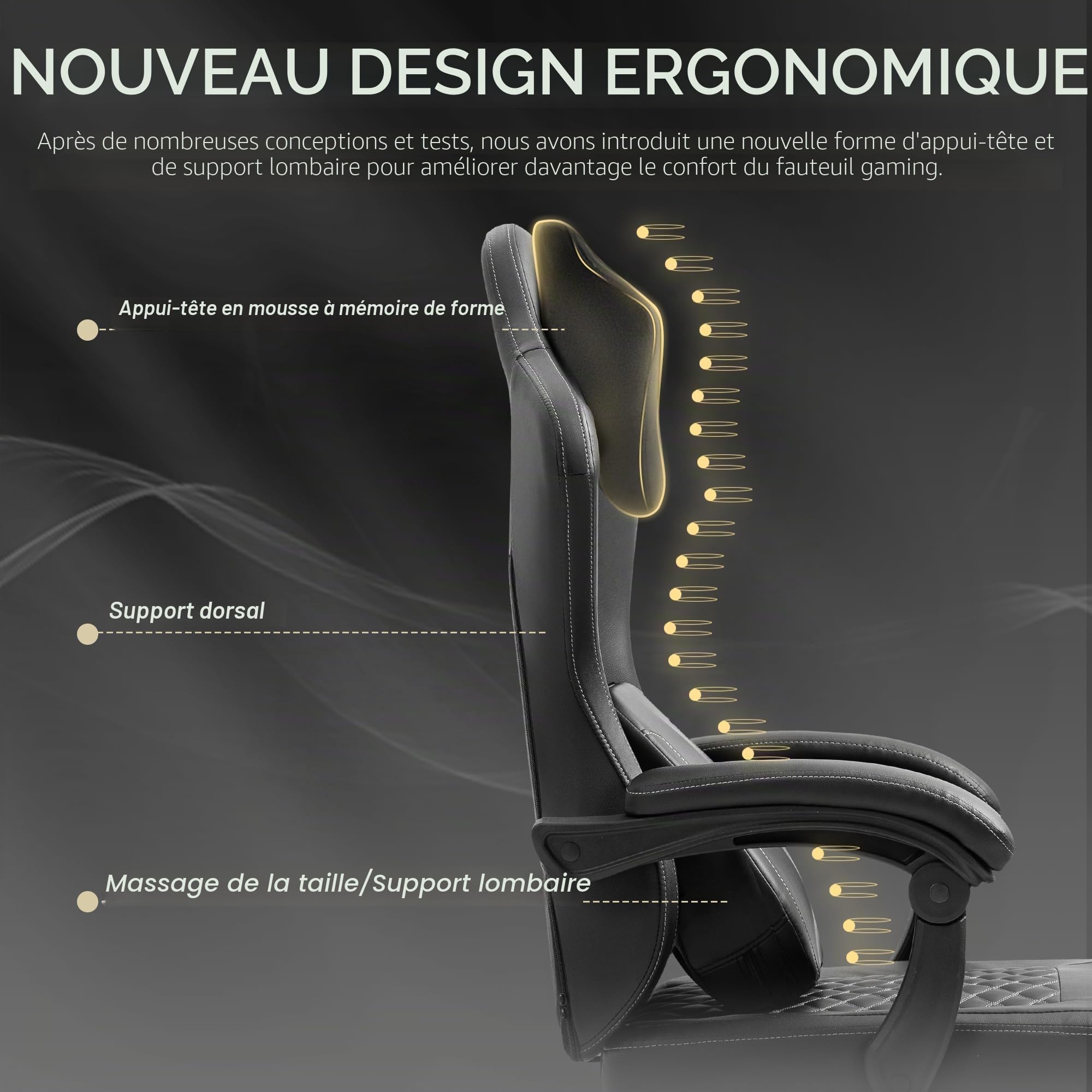 Vigosit Chaise de Gaming Ergonomique avec Soutien Lombaire Chauffant, Coussin à Ressorts ensachés et Repose-Pieds - Noir