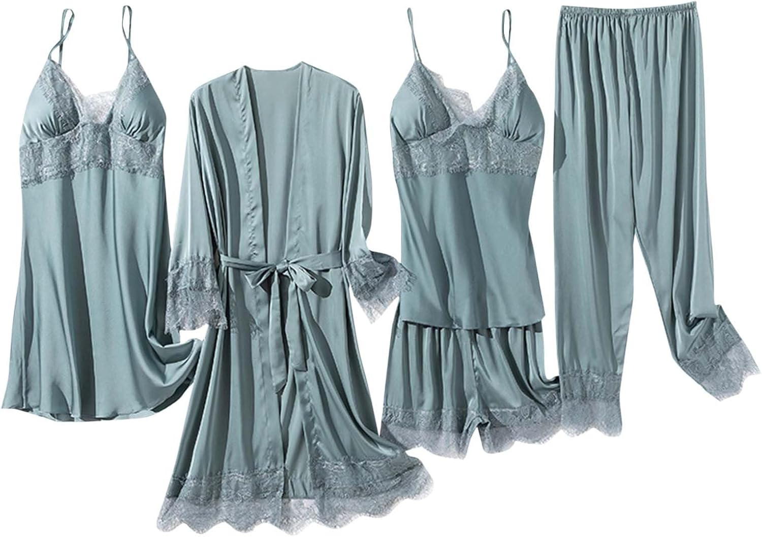 Akklian Womens Pajama Sets 5PCS Silk Pajamas for Women Spring Summer Sexy Camisole Nightgown and Shorts Pants Robe Sleepwear