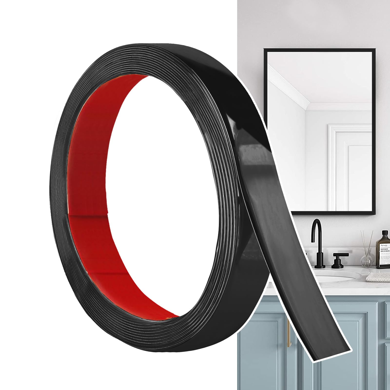 Hengrongshen Self Adhesive Moulding Trim Matte Black (6M x 2.5cm) Flexible PVC Peel and Stick Wall Trim Decorative Edge Strip for Wall, Tile, Mirror, Window, Cabinet, Bathroom, DIY Trim