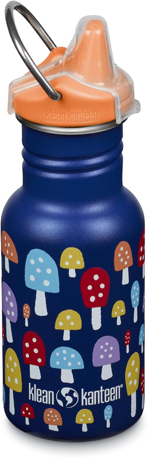 Klean Kanteen 12 oz Classic Kid's Sippy Bottle - For Little Hands - With Dust Cover & Attachable Loop - Durable, BPA-Free, Stainless Steel Material - Fits Interchangeable Caps - Mushrooms