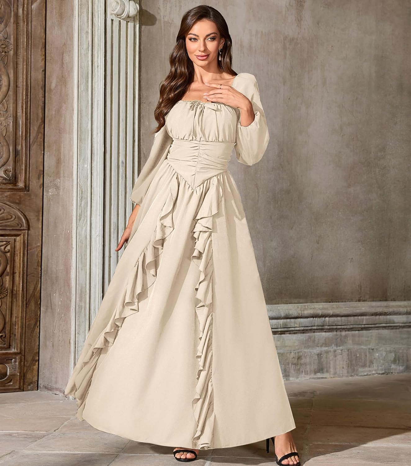 Abaowedding Renaissance Medieval Dress Women Ren Faire Dress, Square Neck, Long Puff Sleeves, Smocked Bodice, Ruffle Details
