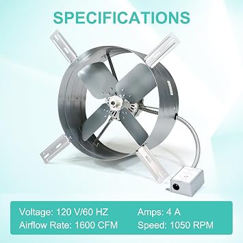 Gable Mount Power Attic Fan with Adjustable Thermostat, 15 Inch Attic Exhaust Fan, 1600 CFM, 1050 RPM, 4 Amp
