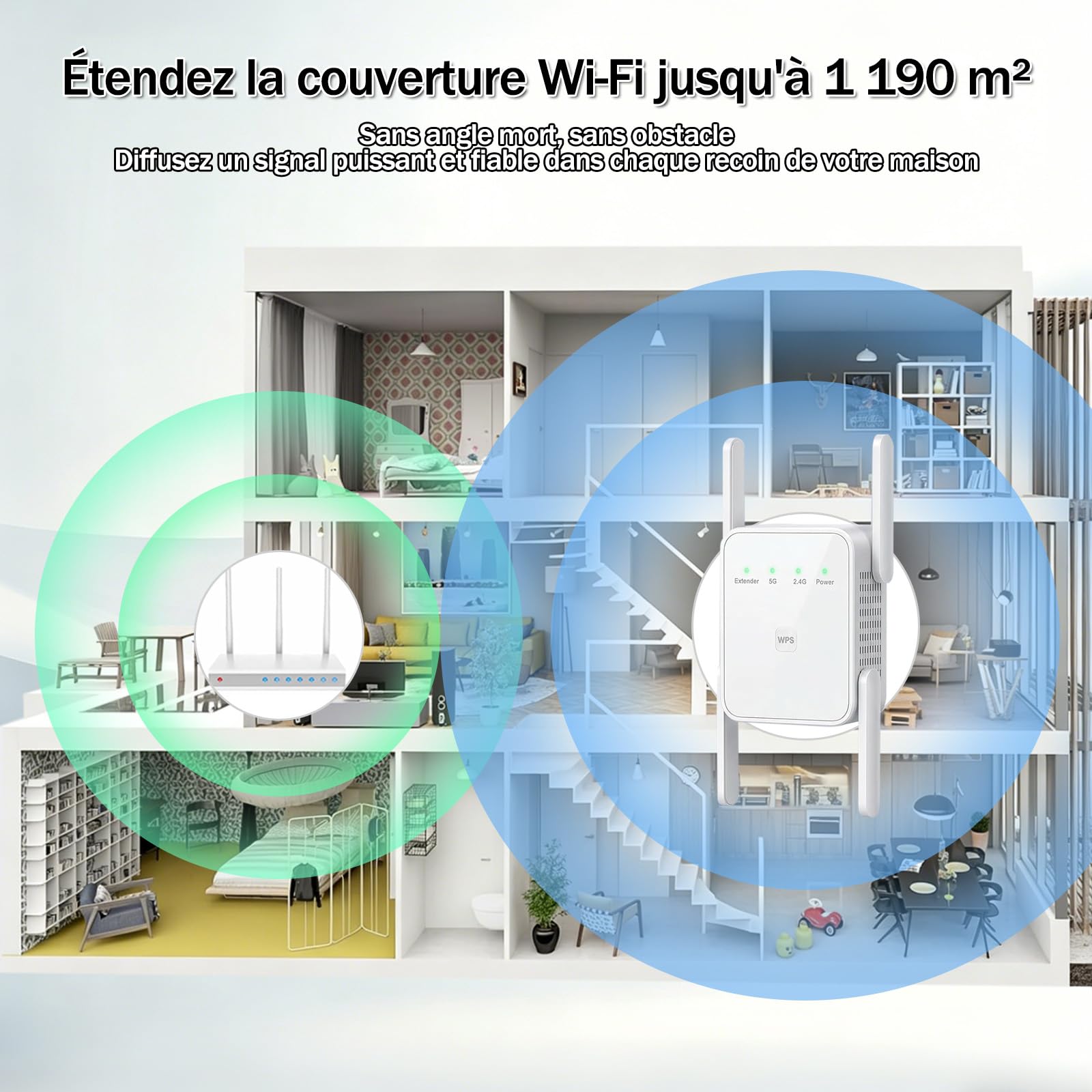 Répéteur WiFi 1200Mbps, Puissant WiFi Booster Double Bande 5GHz & 2.4GHz | Configuration WPS en un clic,4 antennes pour une couverture de 12 880 m², installation simple, parfait pour le télétravail