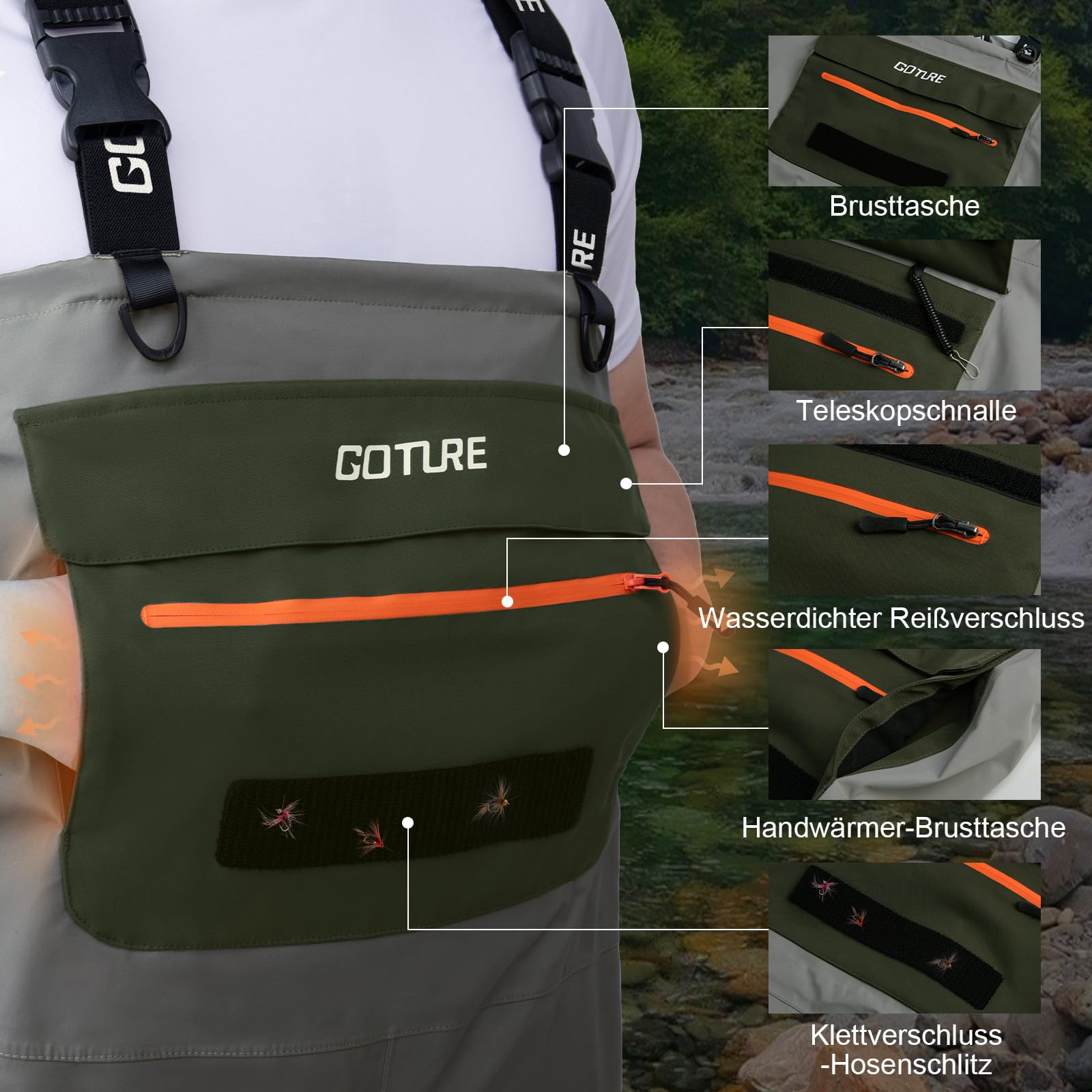 Goture Atmungsaktive Wathose Herren Wasserdicht, 5-Lagen Nylon Angeln Brustwathose mit Abnehmbarem Ausrüstungsgürtel, 25000mm WPR, 4mm Neopren-Füßlinge für Fliegenfischen