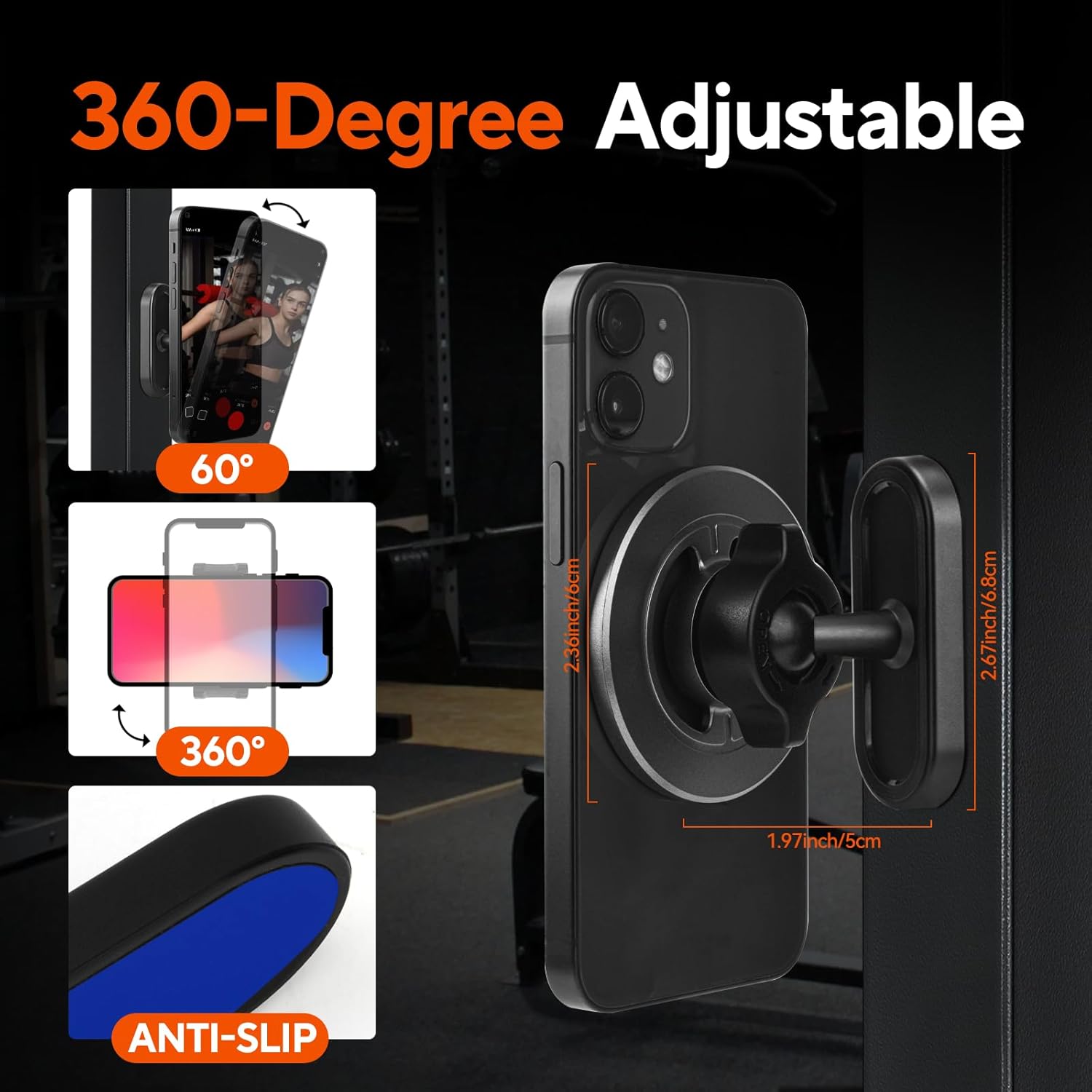 Gym Magnetic Phone Holder with Magnet Base Attach to Metal Surface, 360° Rotatable Gym Phone Holder Magnet Mount for Workout Recording, Compatible with MagSafe iPhone 17-12 - Image 4