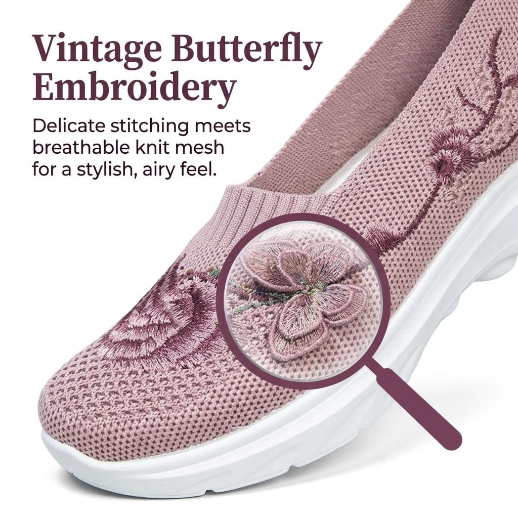 Mocasines con bordado de mariposa para mujer, transpirables, de malla de punto, ligeros, cómodos, informales, ortopédicos, para caminar, con soporte de arco