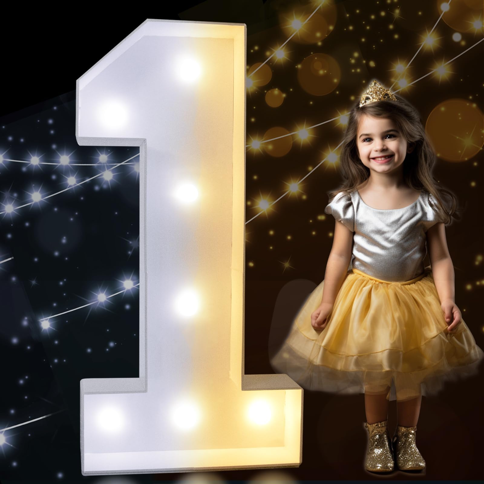 Pooqla 3FT Light Up Numbers, Cool White and Warm White LED Large Lighted Marquee Numbers, Giant Mosaic Light Up Numbers for Balloons 1st 16th 21st Birthday Decoration Party Decor, LED Number 1