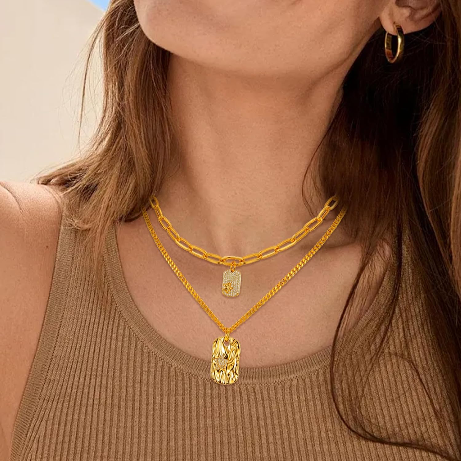 14K Gold Plated Stacked Charm Necklaces for Women Paperclip Chain Square Star Pendant Dainty Adjustable Choker Free People Jewelry for Women - Image 2