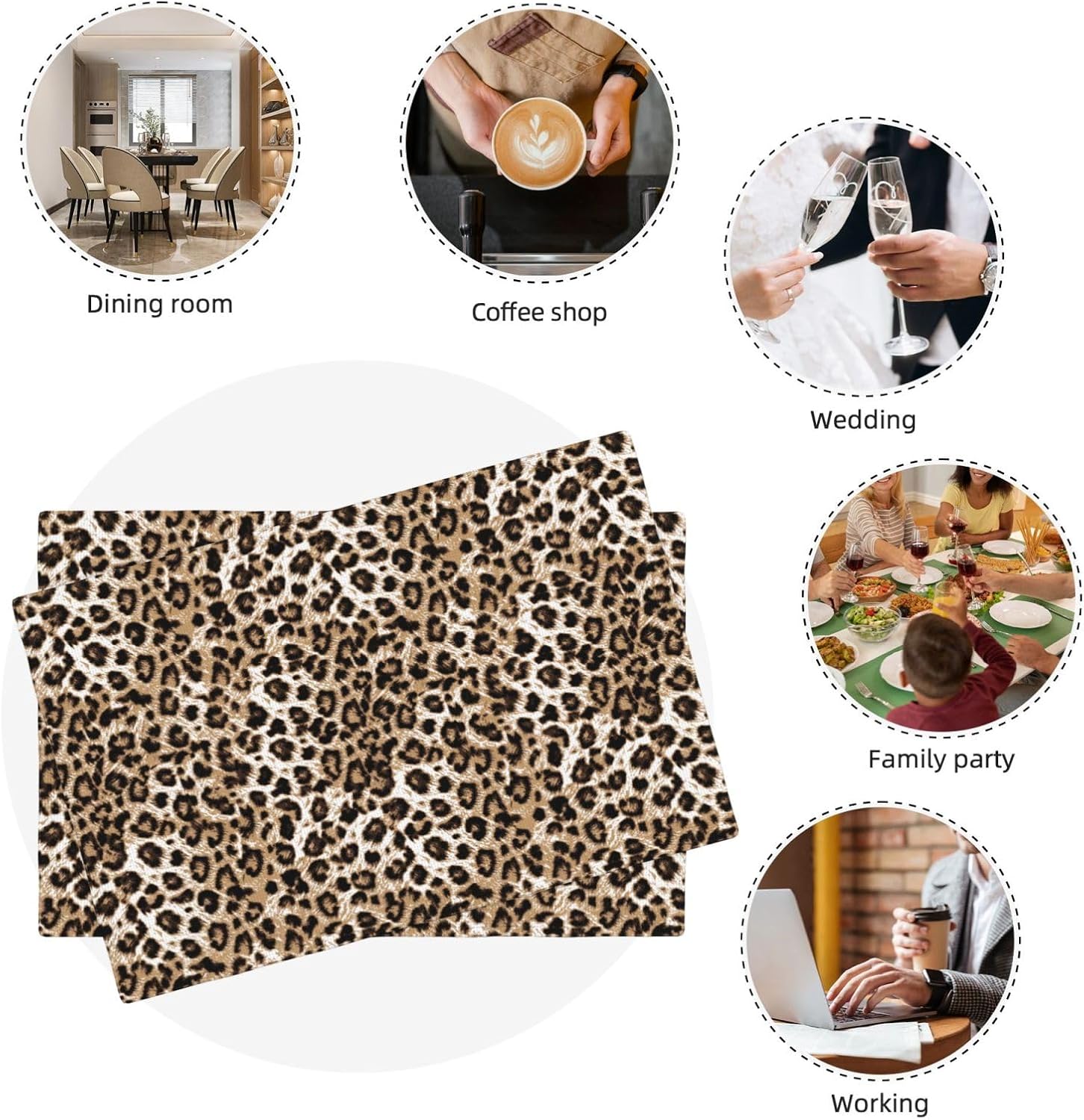 Double Sided Linen-Look Placemats - Same Pattern on Both Sides | Set of 4 Reversible 12x18 Inch Washable Table Mats | for Kitchen Dining Table Decor, Rustic Farmhouse Style (Leopard Print)