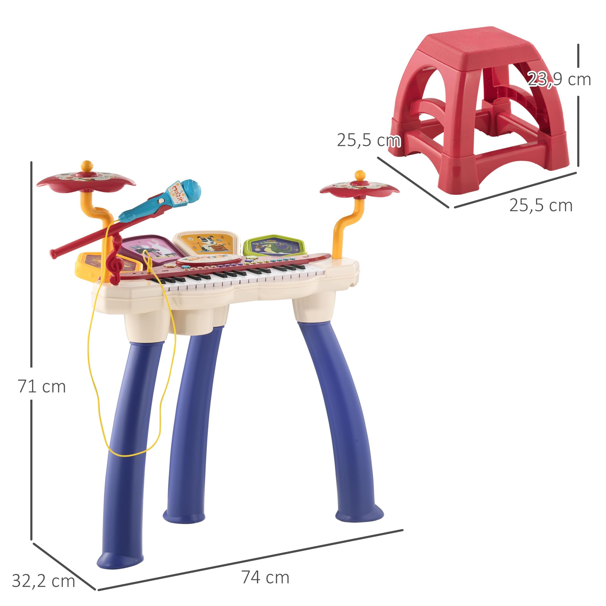 AIYAPLAY Piano Electrónico Infantil Piano para Niños 2 en 1 con 32 Teclas Batería Taburete Micrófono 19 Canciones y Volumen Ajustable 74x32,2x71 cm Multicolor
