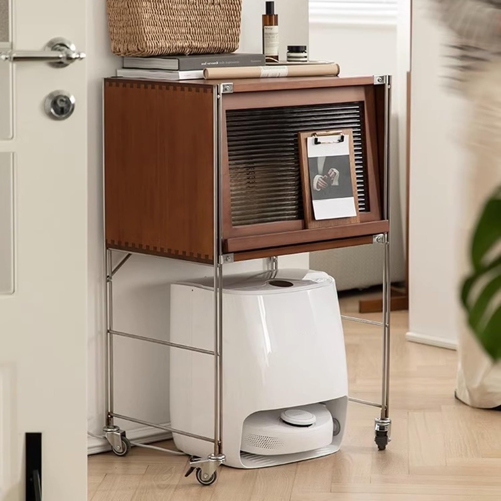 Meuble de rangement aspirateur robot petite étagère gain de place salon chambre 58cm
