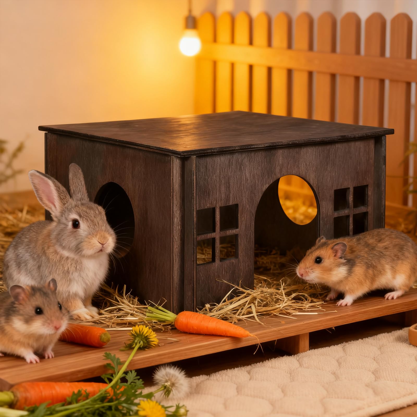 WHEARTED Hamster Hideout, Wooden Guinea Pig House with Windows, Detachable - Image 4