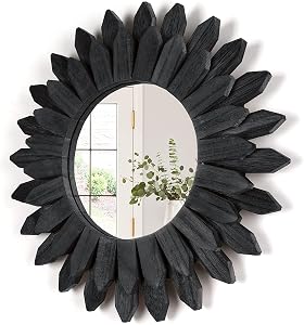 Emfogo Wall Mirror Decorative 12 inch Rustic Wood Farmhouse Mirror Sunburst Boho Mirror for Entryway Bedroom Living Room (Vintage Black)