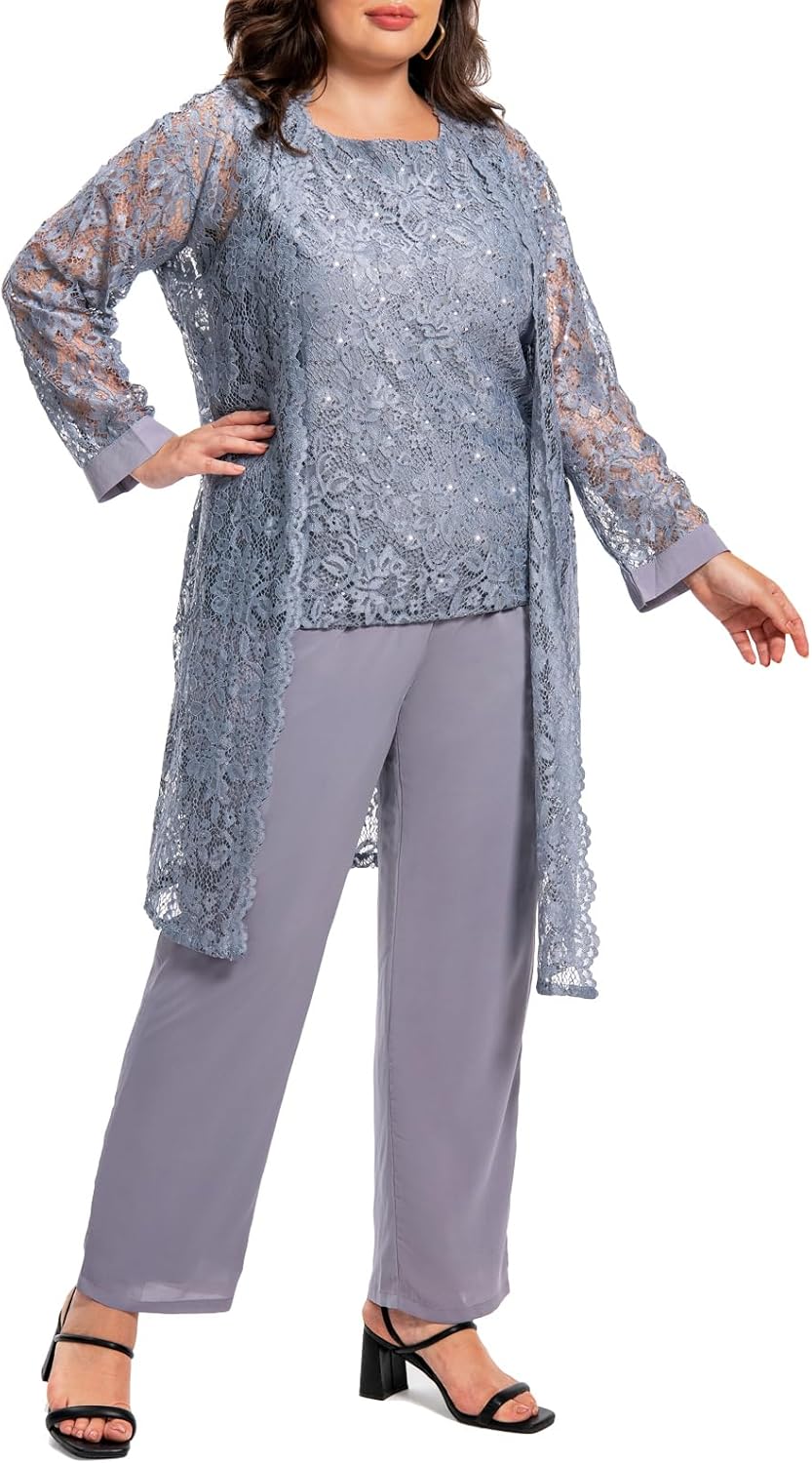 Plus Size Elegant Mother of The Bride Pant Suits Chiffon Pant with Women's Tank Top and Sequin Lace Jacket Evening Gown - Image 3
