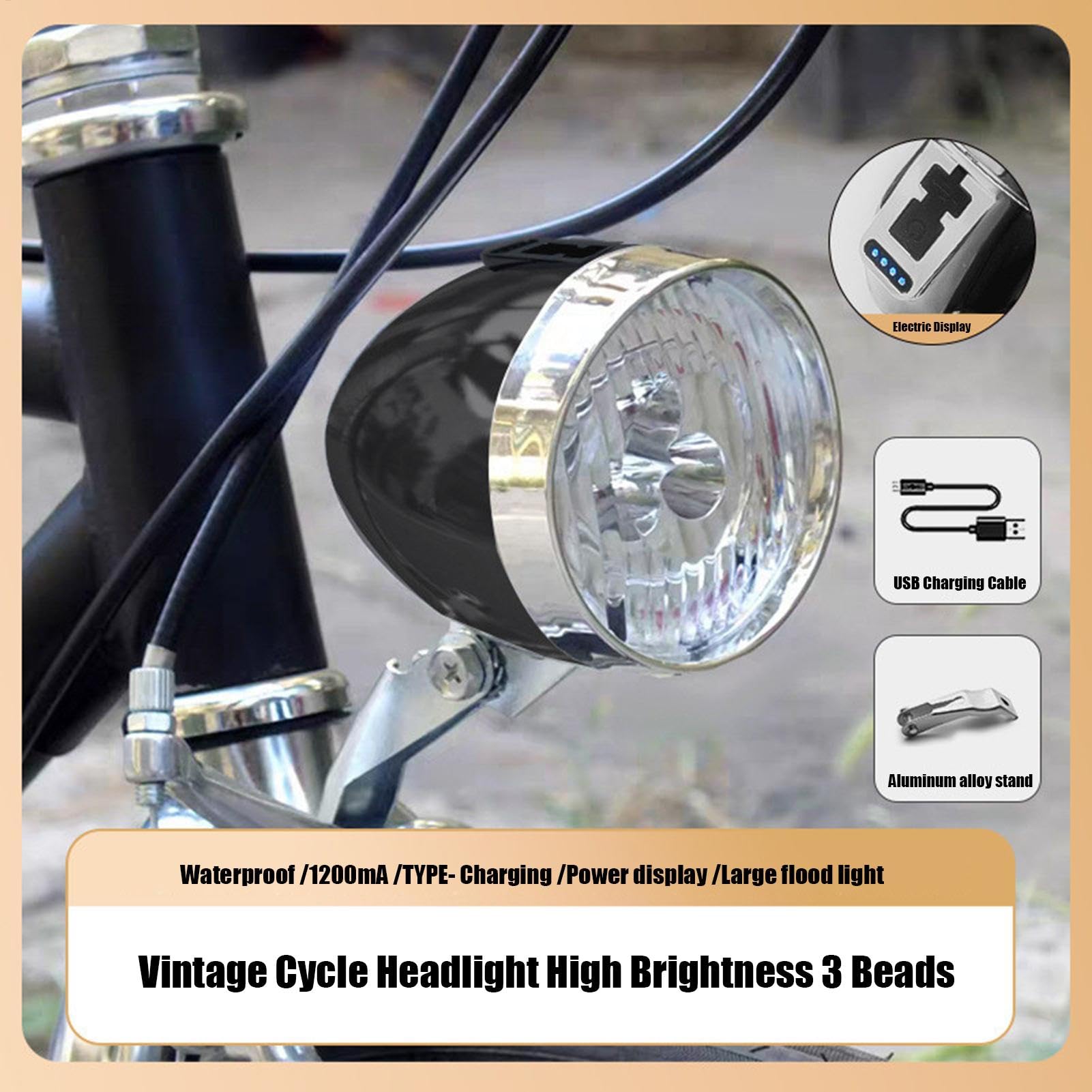 Przednie światło rowerowe, 3 diody LED, super jasne reflektory, ładowanie USB, 6 x 6 cm, 1200 mAh, wodoodporny, retro, klasyczny reflektor do jazdy nocnej i bezpieczeństwa na drodze