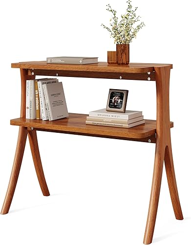 Miniatura 5 de LITTLE TREE Mesa auxiliar estrecha, mesa auxiliar de granja de 2 niveles con patas de madera maciza, mesa auxiliar pequeña, ahorra espacio para sala