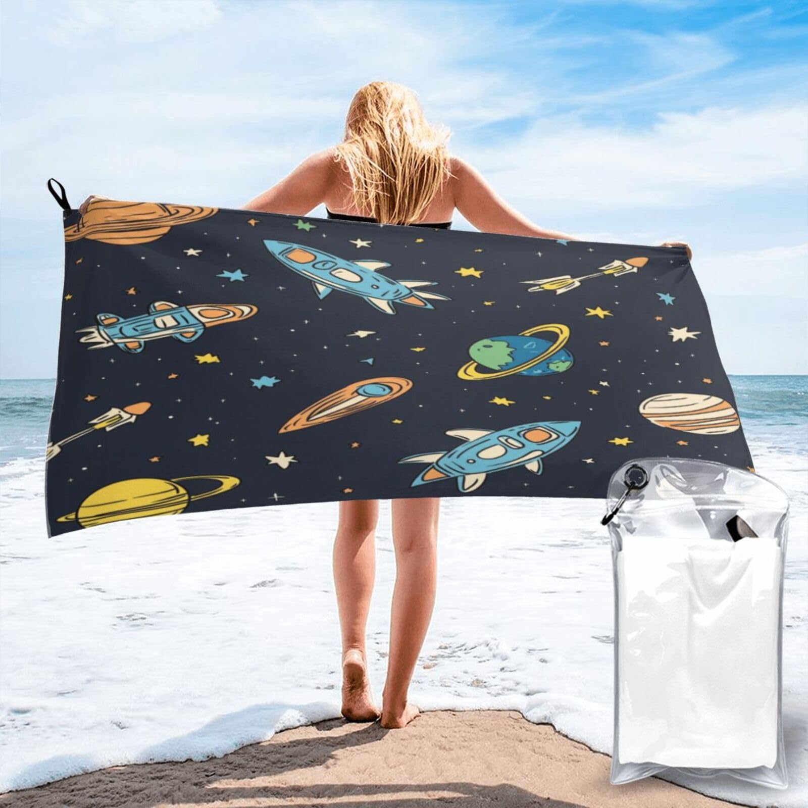 Anceky Whimsical Space Pattern with Rockets and Planets Quick Dry Microfiber Travel Towel with Carry Case and Carabiner 31.5"X63"