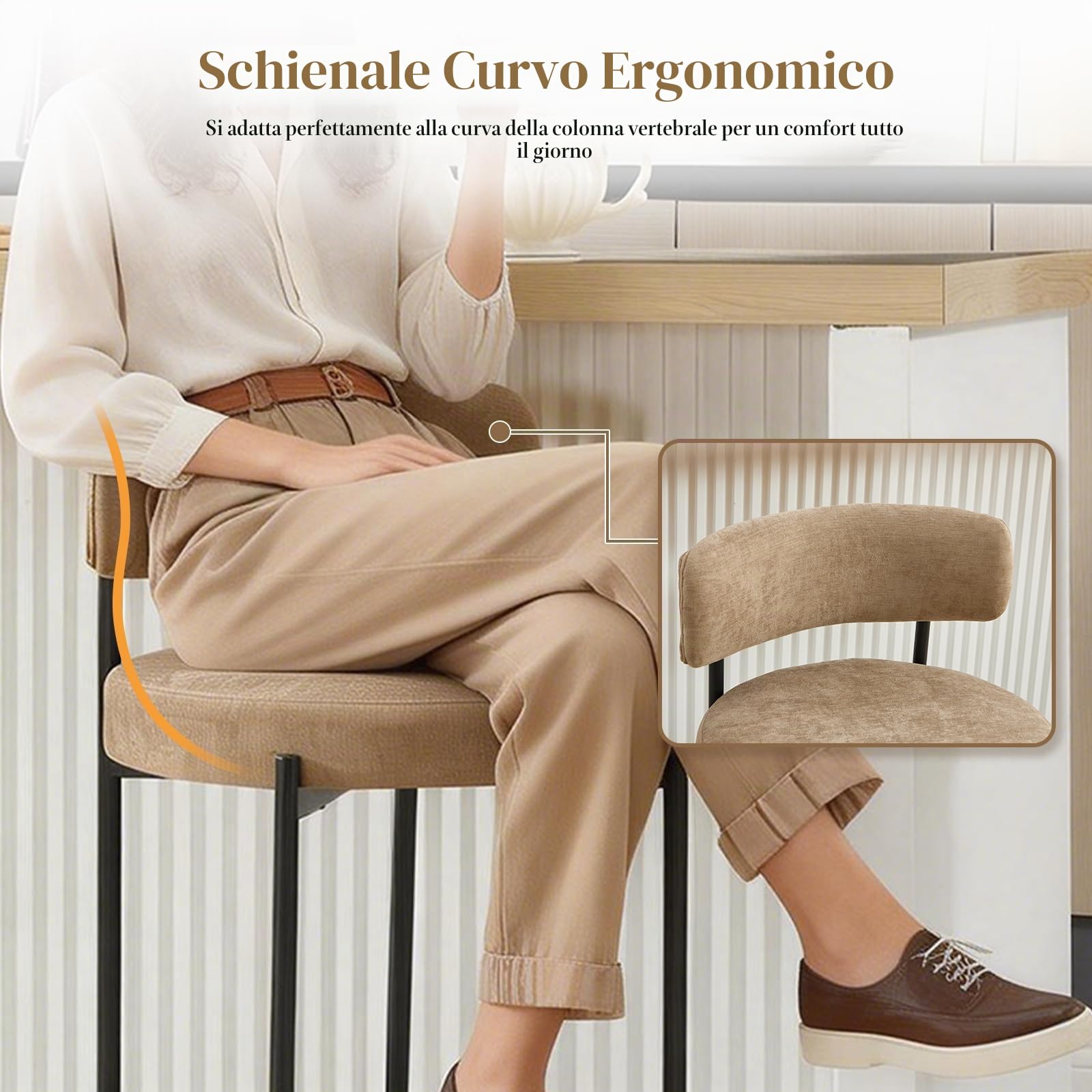 Set di 2 Sgabelli da Bar in Chenille Stile industriale Cachi