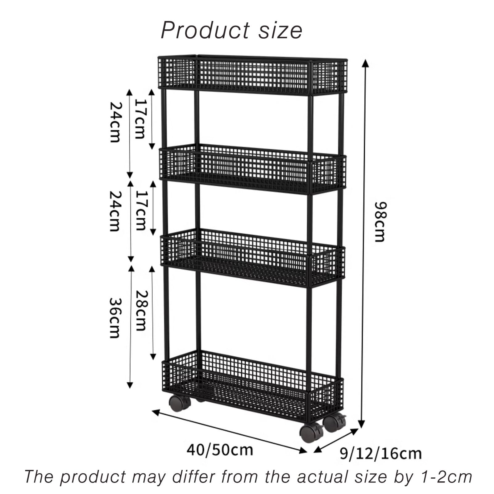 Carrito estrecho delgado con ruedas, estante rodante de 4/5 niveles para baño y lavandería, estante de espacio que ahorra espacio (negro, 40 x 9 x 98 cm)
