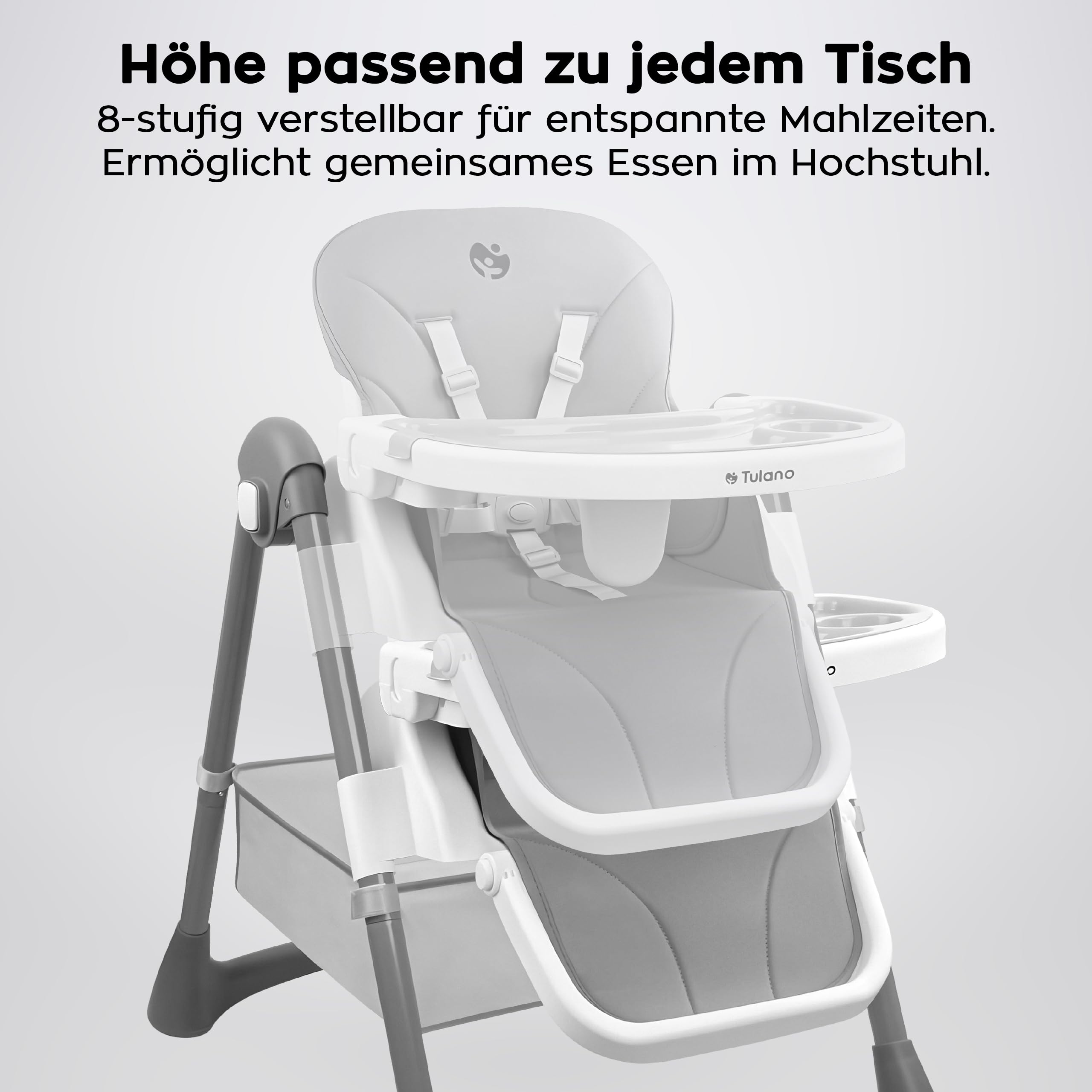 Tulano Morsel 30 Hochstuhl Baby, höhenverstellbar, klappbar, mit Tablett, 5-Punkt-Gurt, abnehmbares Tablett spülmaschinenfest, für Babys ab 6 Monate, Kinderhochstuhl Grau