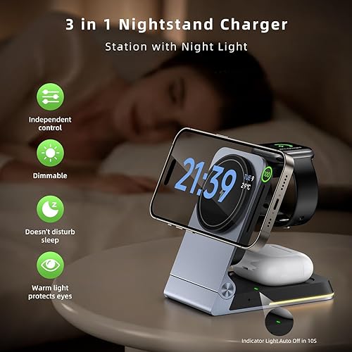 Miniatura 5 de Cargador inalámbrico plegable 3 en 1  Estación de carga inalámbrica magnética para Apple Magsafe soporte de cargador con luz, cargador de viaje