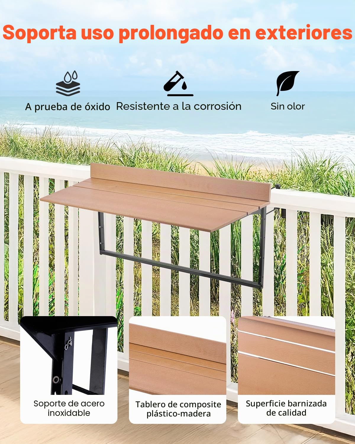 VEVOR Mesa Colgante para Balcón, Mesa Plegable para Balcón al Aire Libre de 1000 x 485 x 480 mm con Barandillas, Ajustable en 5 Niveles, se Adapta a Barandillas de 1-5,31 Pulgadas, Marrón y Negro