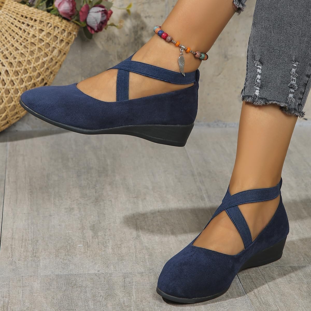 Chaussures compensées confortables à enfiler pour femme - Légères et antidérapantes - Talons bas compensés - Ballerines de travail décontractées