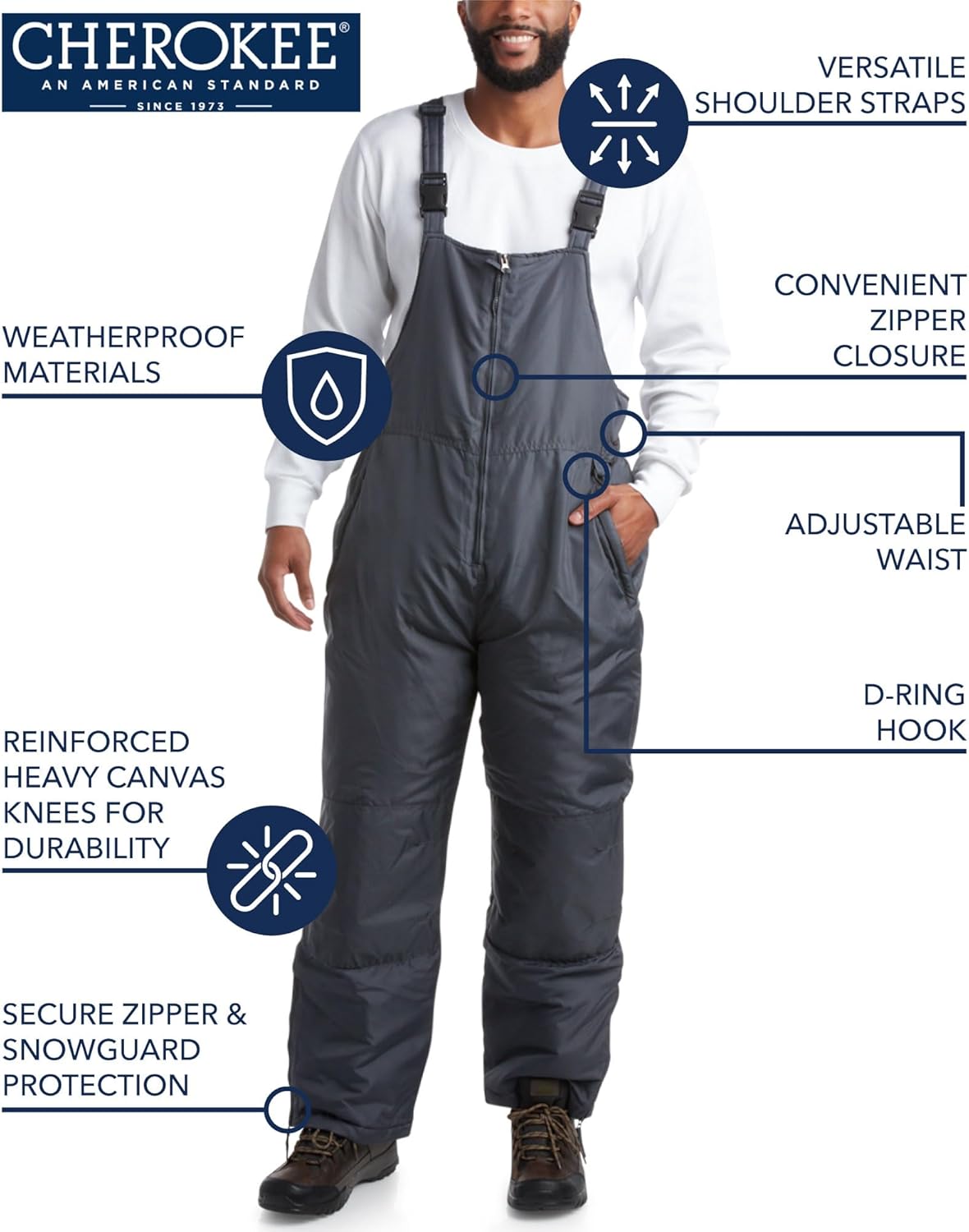 Cherokee Mens Snow Bibs - Durable Insulated Waterproof Snow Bibs Overalls for Men - Work Coveralls for Men (Size: S-3XL) - Image 2
