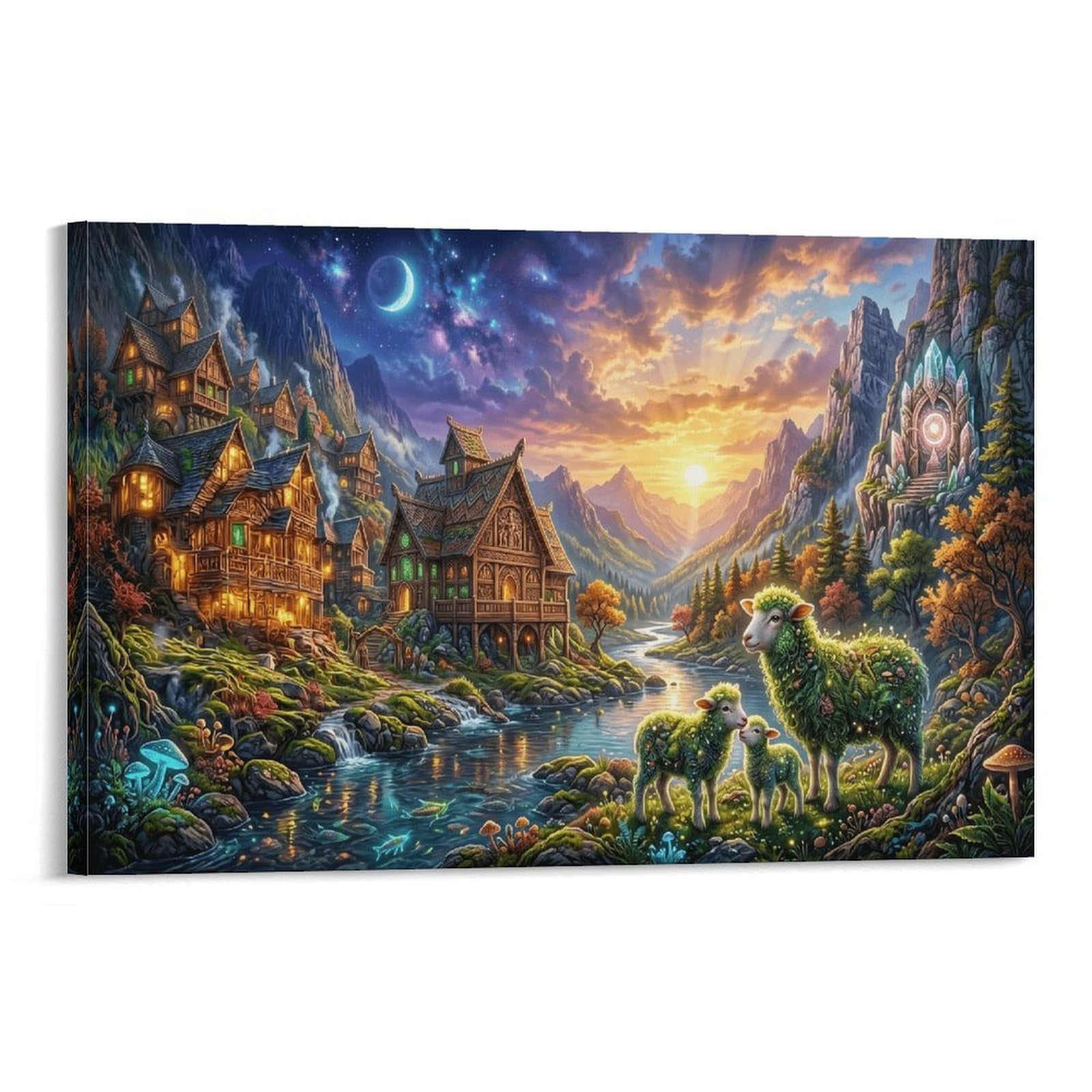 XPASHIQWC Sheep Wall Decor Poster Stream Cabin Village Giclee Canvas Prints Modern Wall Art Picture Wall Hanging for Dining Room Kitchen Home Office Decor 16x24inch(40x60cm)