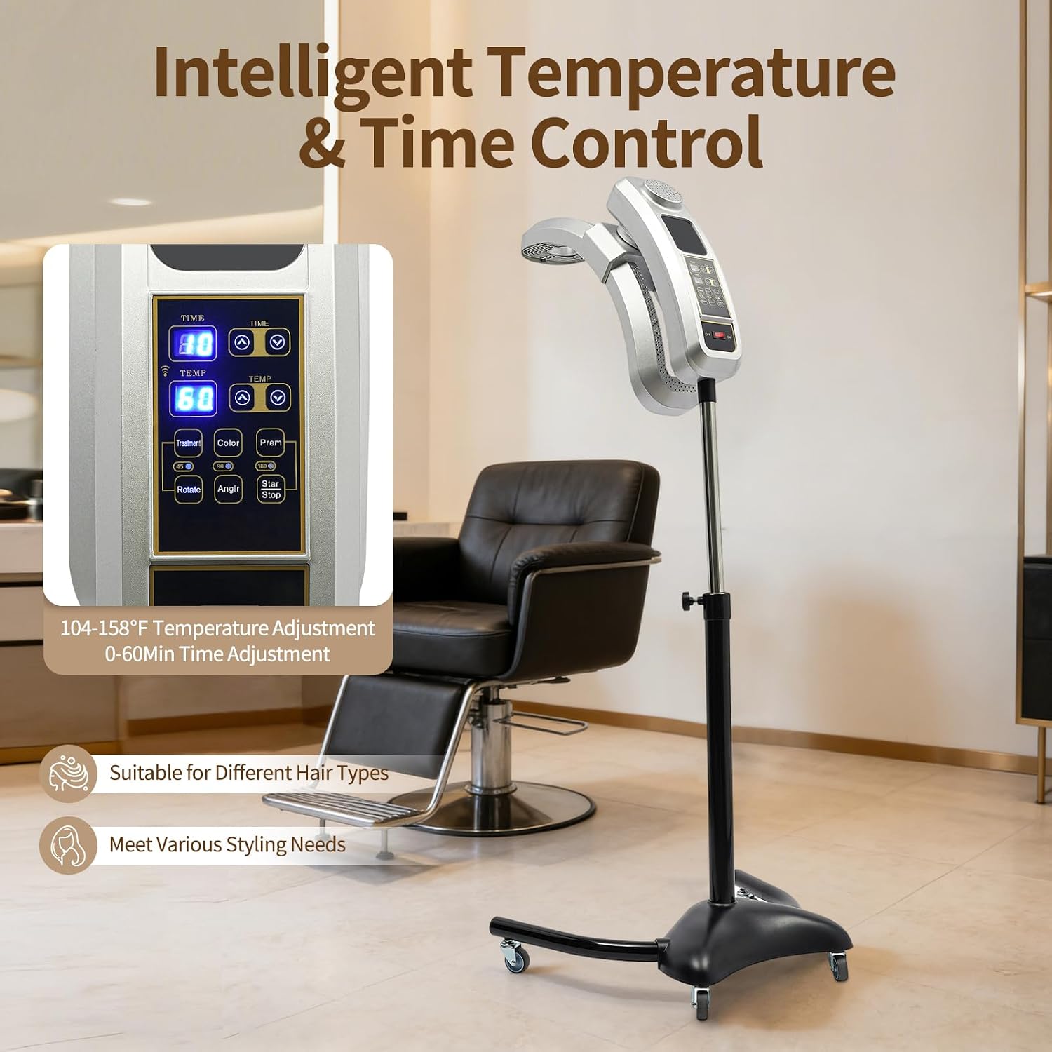 Vertical Hairdressing Heater, Hair Color Processor Heating Stand with Wheels, Adjustable Height, Temperature, Time Standing Hair Dryer, Vertical Cold Iron Hair Dryer Adjustable Angle(45°, 90°, 180°)