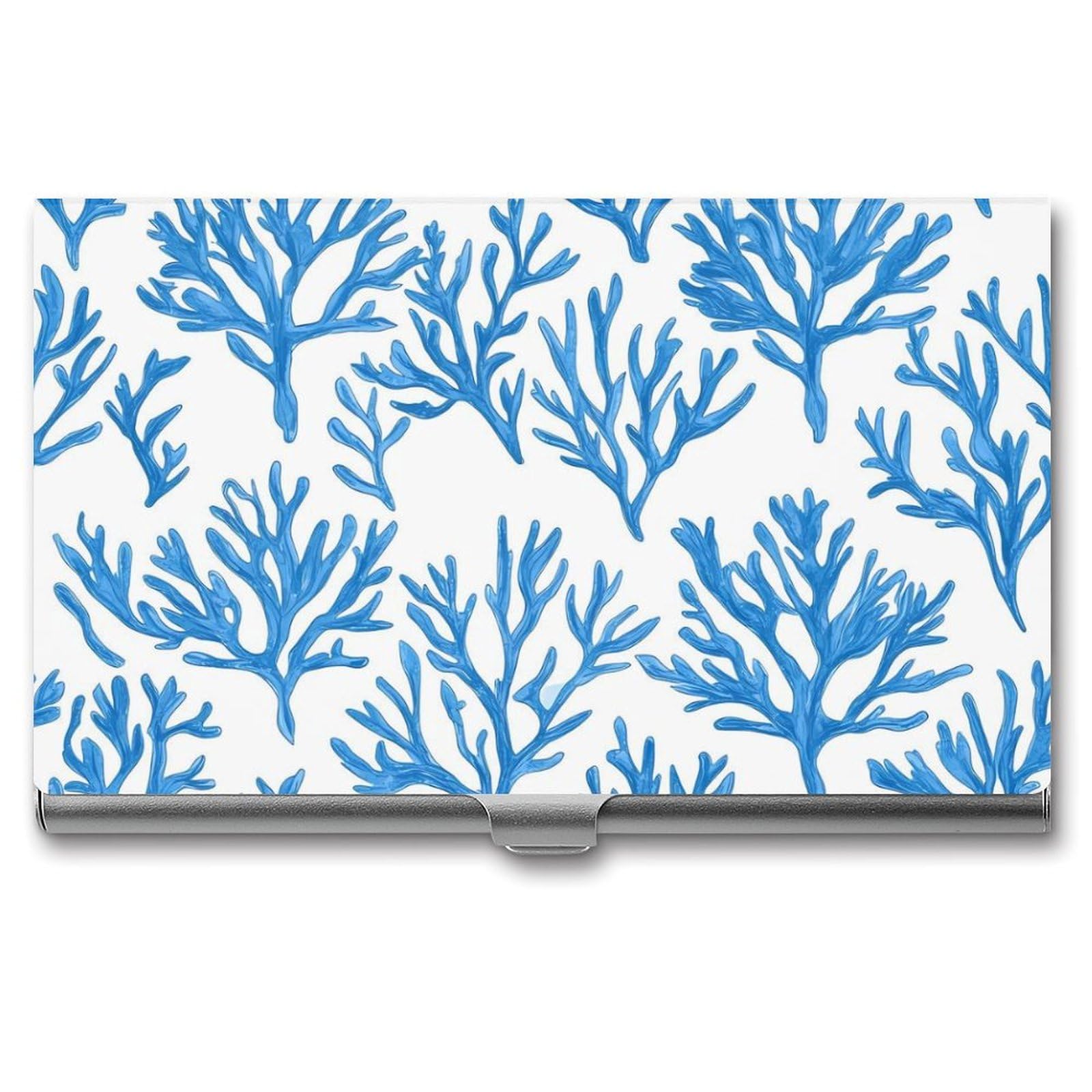 Blue Coral Branch Slim Business Card Holder Wallet for Men & Women Pocket Metal Case 3.7x2.2x0.3 Inches