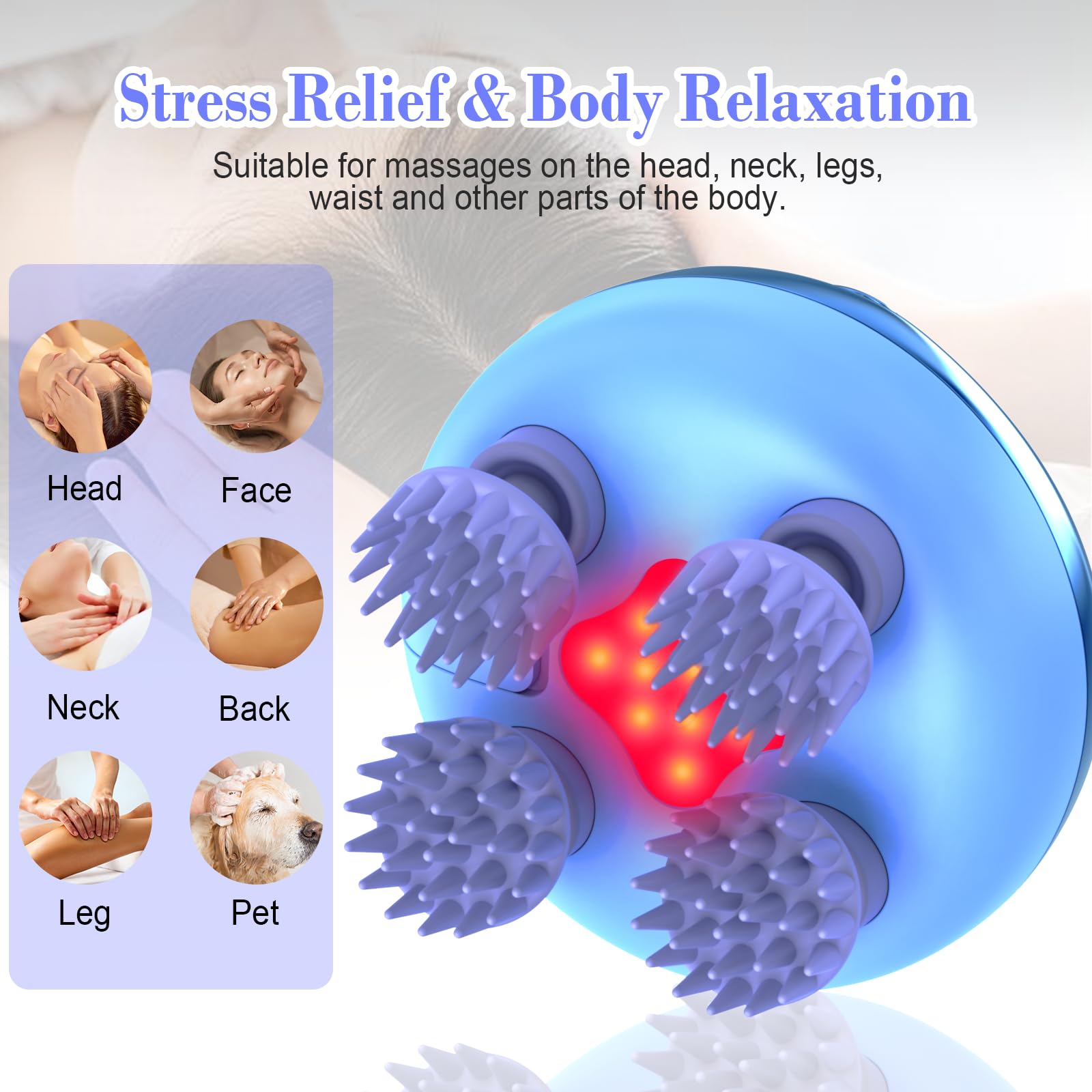 HuBeiChuangXiang Massaggiatore Cuoio Capelluto e Corpo Elettrico Massaggiatore Testa Ricaricabile Impermeabile IPX7 con 8 Silicone Massaggi e 3 modalità per la Crescita dei Capelli, Regalo